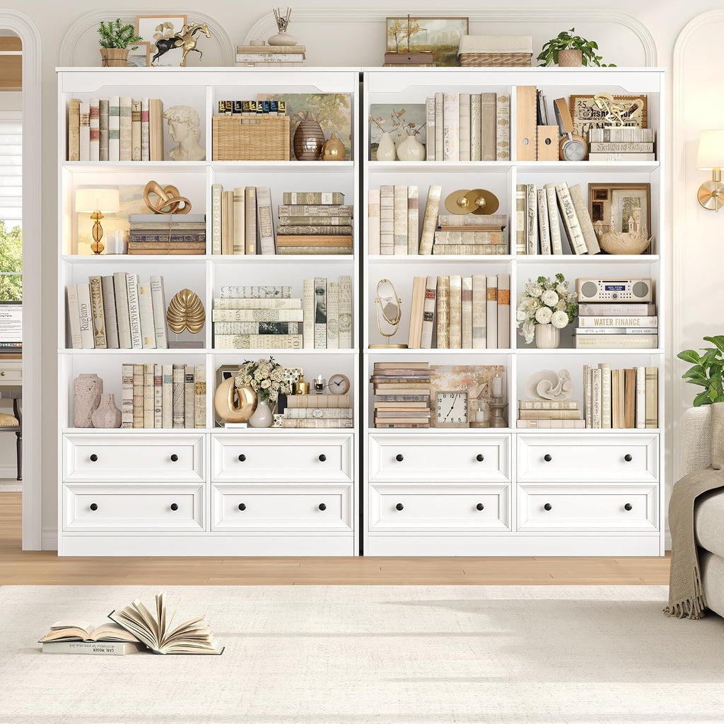 FINETONES 71' Tall Bookshelf with 4 Drawers, 6-Tier Double Wide Bookshelves and Bookcases with Storage, White Bookshelf Large Open Bookshelves Standing Book Cabinet for Home Office, White