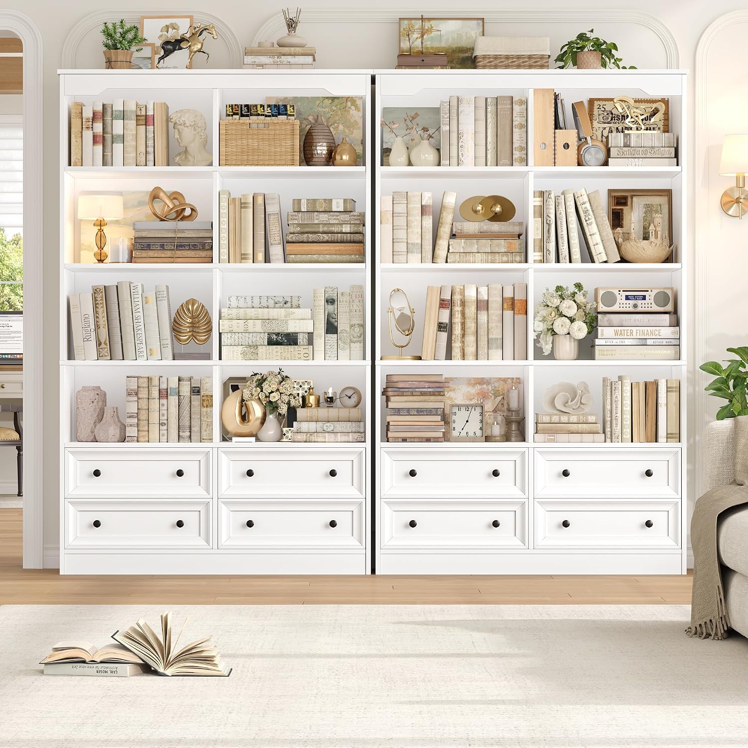 FINETONES 71' Tall Bookshelf with 4 Drawers, 6-Tier Double Wide Bookshelves and Bookcases with Storage, White Bookshelf Large Open Bookshelves Standing Book Cabinet for Home Office, White