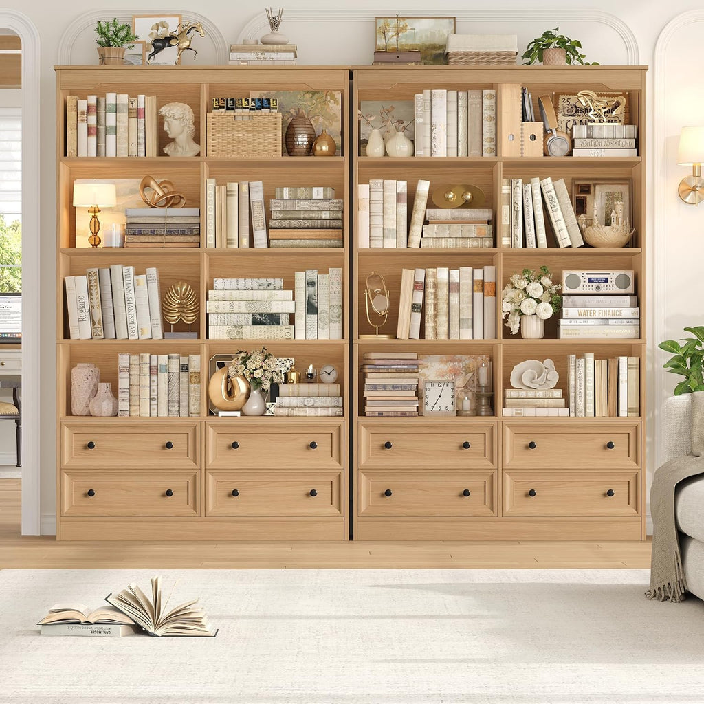 FINETONES 71' Tall Bookshelf with 4 Drawers, 6-Tier Double Wide Bookshelves and Bookcases with Storage, Natural Bookshelf Large Open Bookshelves Standing Book Cabinet for Home Office