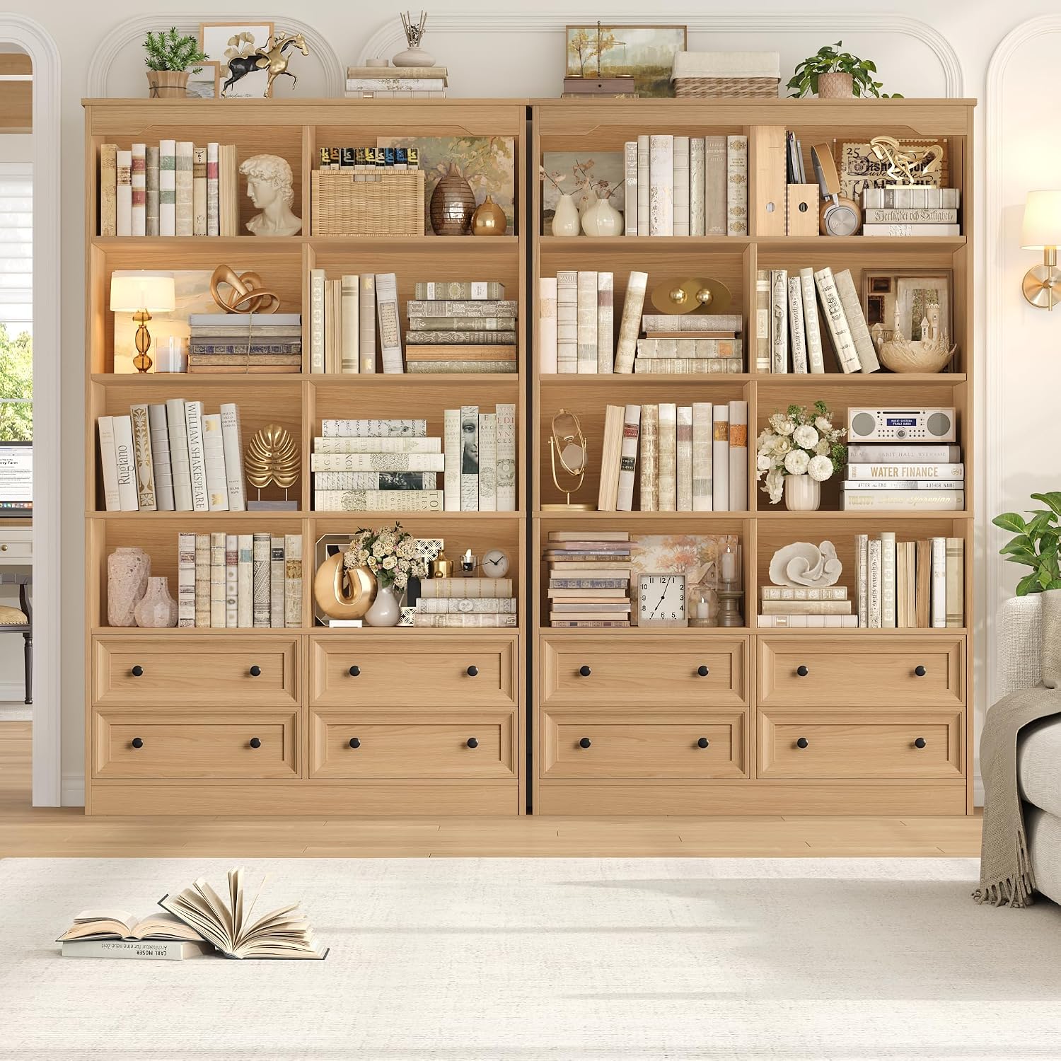 FINETONES 71' Tall Bookshelf with 4 Drawers, 6-Tier Double Wide Bookshelves and Bookcases with Storage, Natural Bookshelf Large Open Bookshelves Standing Book Cabinet for Home Office