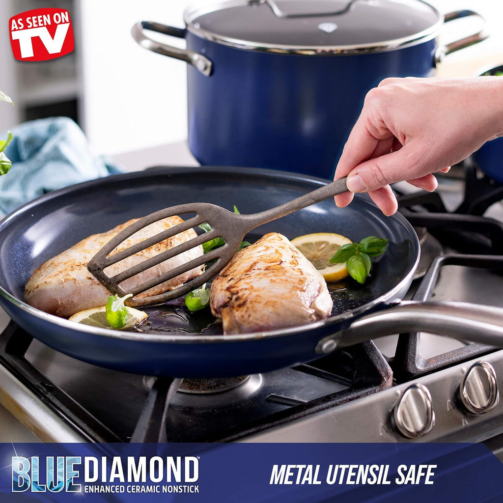 Blue Diamond Cookware Diamond Infused Ceramic Nonstick 10 Piece Cookware Pots and Pans Set, Blue & Sharp Stone Nonstick Stainless Steel Cutlery, 3 Piece Set, Blue