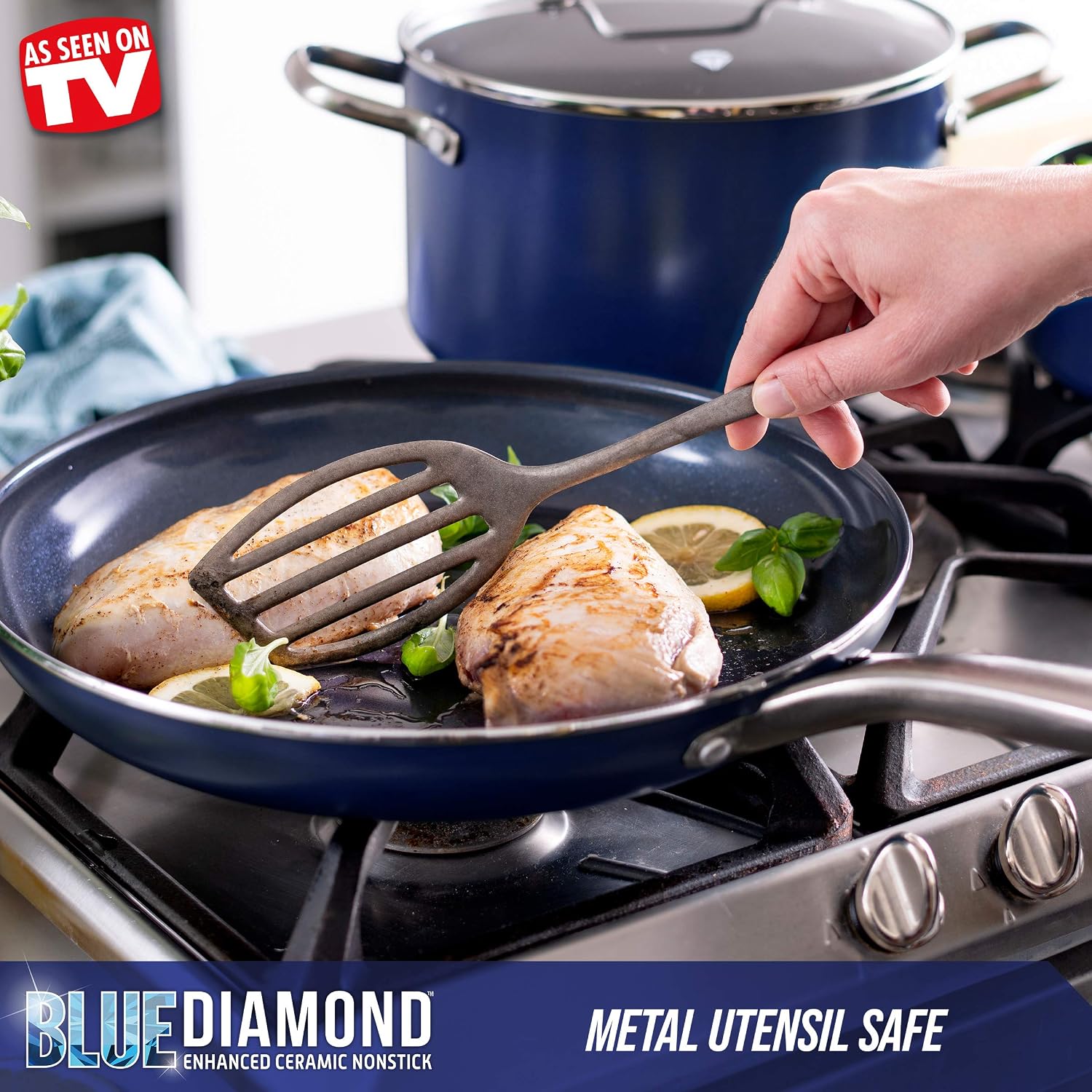 Blue Diamond Cookware Diamond Infused Ceramic Nonstick 10 Piece Cookware Pots and Pans Set, Blue & Sharp Stone Nonstick Stainless Steel Cutlery, 3 Piece Set, Blue