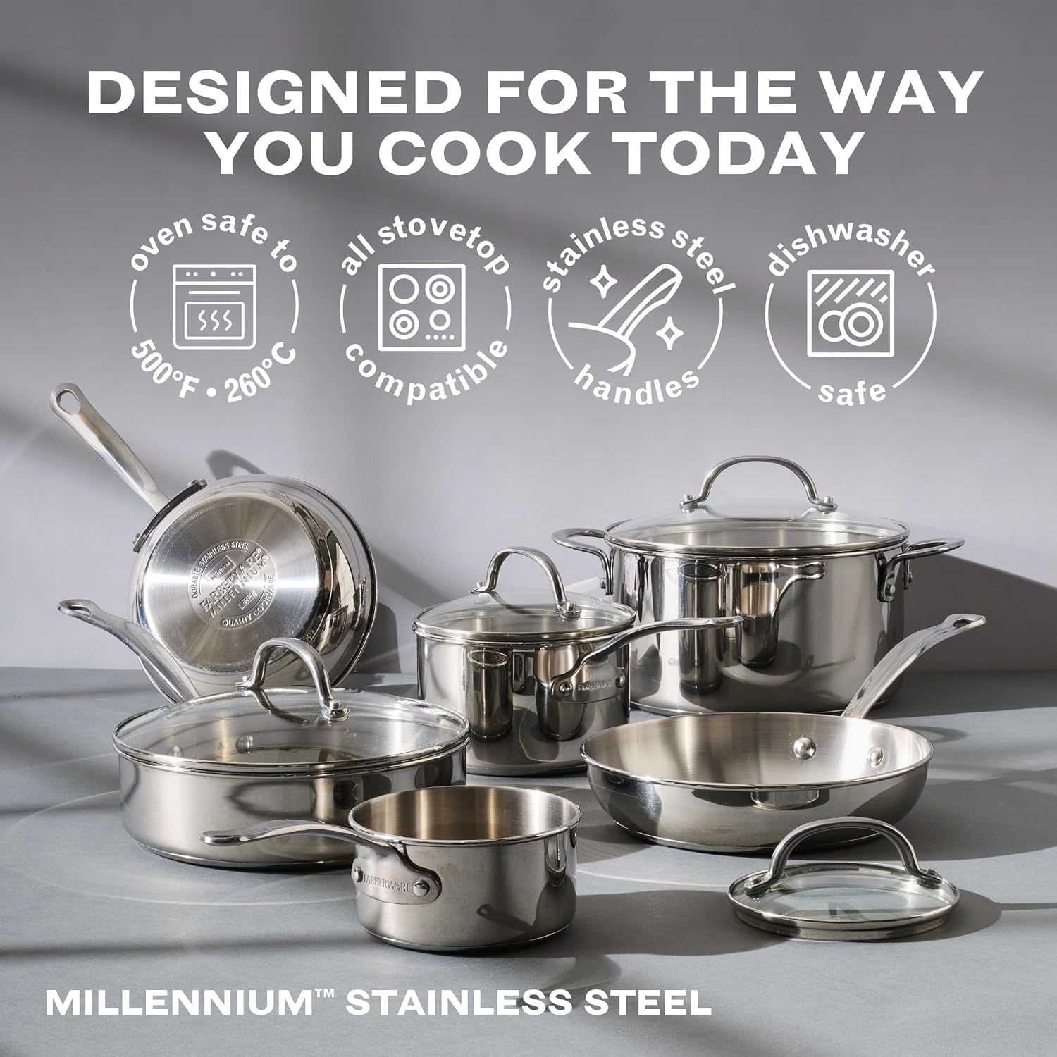 Farberware Millennium Stainless Steel Pots and Pans with Lids, Induction Ready, Compatible with All Cooktops, Metal Utensil Safe, 10 Piece Cookware Set, Dishwasher Safe - Stainless Steel