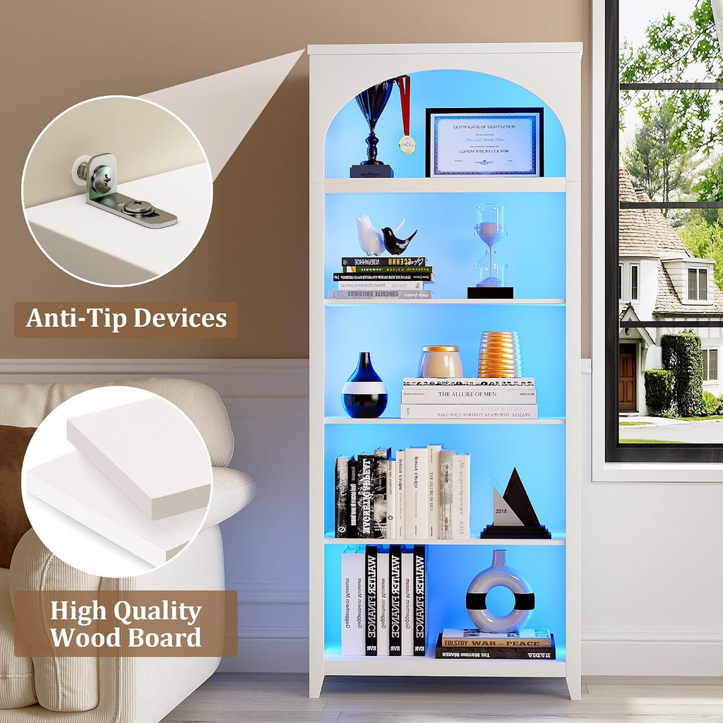 70' Tall Bookshelf with LED Lights, 5-Tier Modern Farmhouse Wood Bookcase with Arched Design, Sturdy Standing Shelf for Living Room, Bedroom, Office Library, White