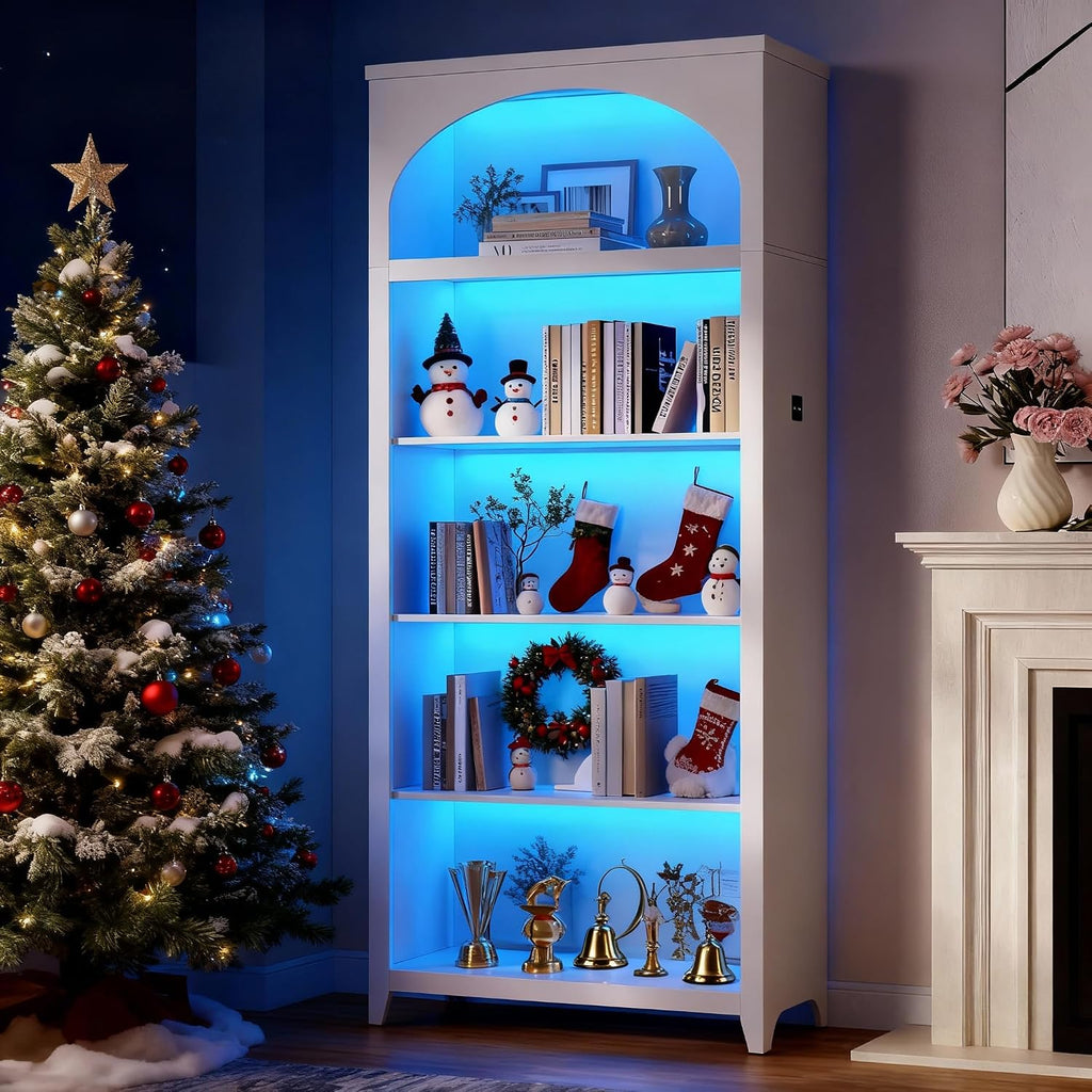 70' Tall Bookshelf with LED Lights, 5-Tier Modern Farmhouse Wood Bookcase with Arched Design, Sturdy Standing Shelf for Living Room, Bedroom, Office Library, White