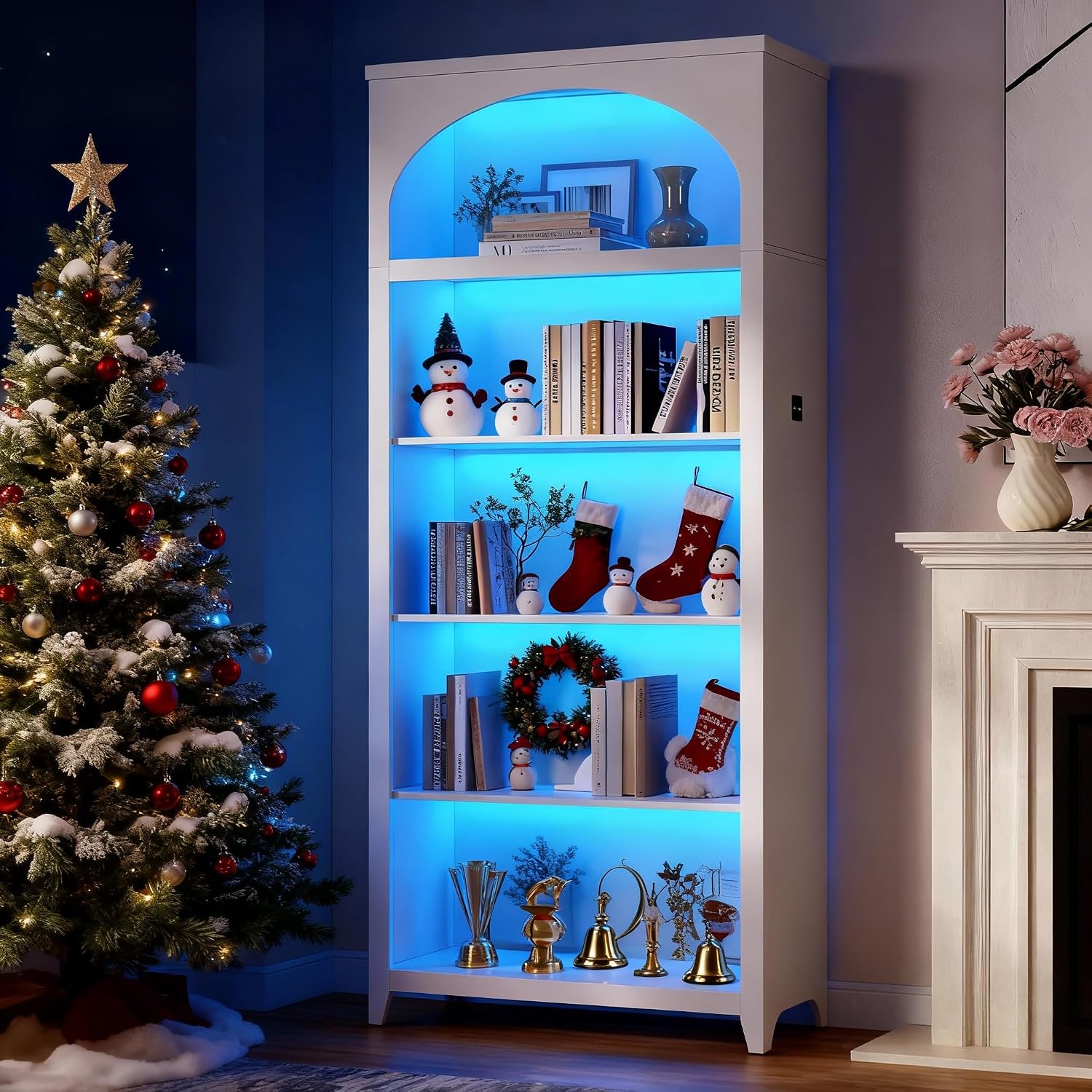 70' Tall Bookshelf with LED Lights, 5-Tier Modern Farmhouse Wood Bookcase with Arched Design, Sturdy Standing Shelf for Living Room, Bedroom, Office Library, White