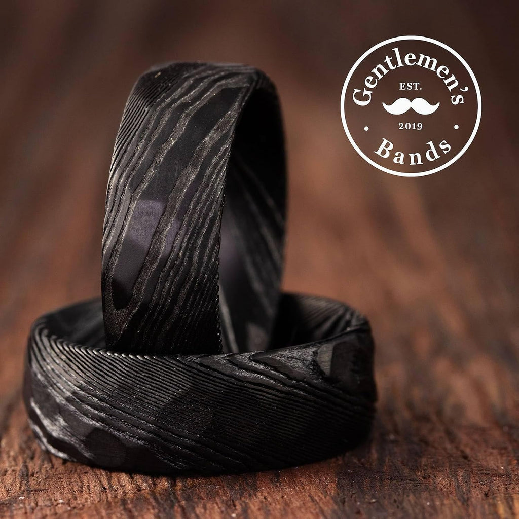 Gentlemen's Bands Men's Premium Black Damascus Steel Wedding Band with Layered Damascus Design | Wedding Ring Is Ideal Gift | Package Includes Silicon Band, Walnut Ring Box, Leather Pouch