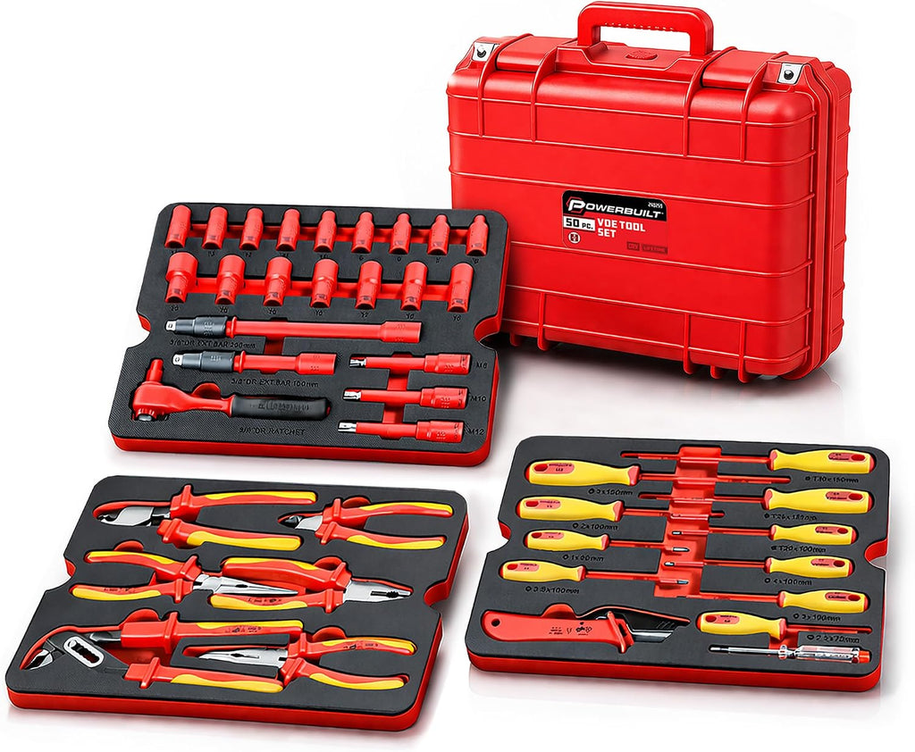 Powerbuilt 50 Pc.1000V Insulated Electricians VDE Tool Set with Waterproof Case, 3/8 in. Dr. Ratchet, 16 Pc. Socket Sizes 10-24mm, 10 Pc. Screwdriver, 6 Pc. Pliers - 240259