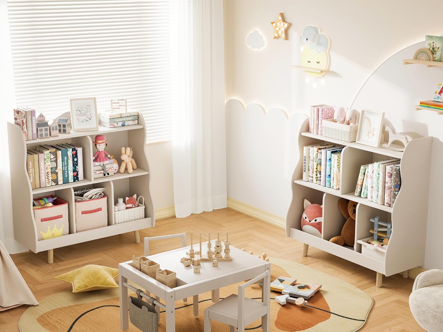 Treocho Kids Bookshelf and Toy Storage Orangizer, 3-Tier Wooden Children's Bookcase with Curve Design, 5 Cubbies Toy Storage Cabinet Display with Legs for Children's Room, Playroom, School, White