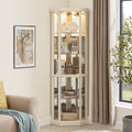 69' H Lighted Curio Cabinet Corner Display Case, Corner Glass Case with Adjustable Shelves and Tempered Glass, Wooden Curio Cabinet w/Mirrored Back Pane for Living Room