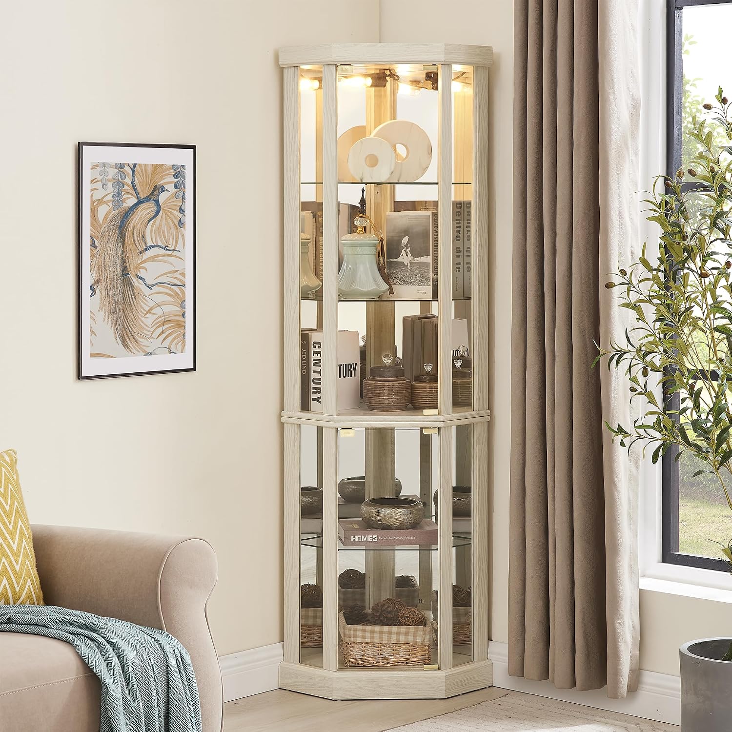 69' H Lighted Curio Cabinet Corner Display Case, Corner Glass Case with Adjustable Shelves and Tempered Glass, Wooden Curio Cabinet w/Mirrored Back Pane for Living Room