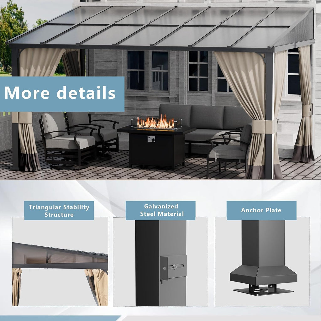 ALAULM 10'x 14' Outdoor Hardtop Pergola,Wall Mounted Lean to Gazebo with Curtains and Netting,Galvanized Metal Frame,Sunshade for Patio, Backyard, Deck and Lawns-Sand
