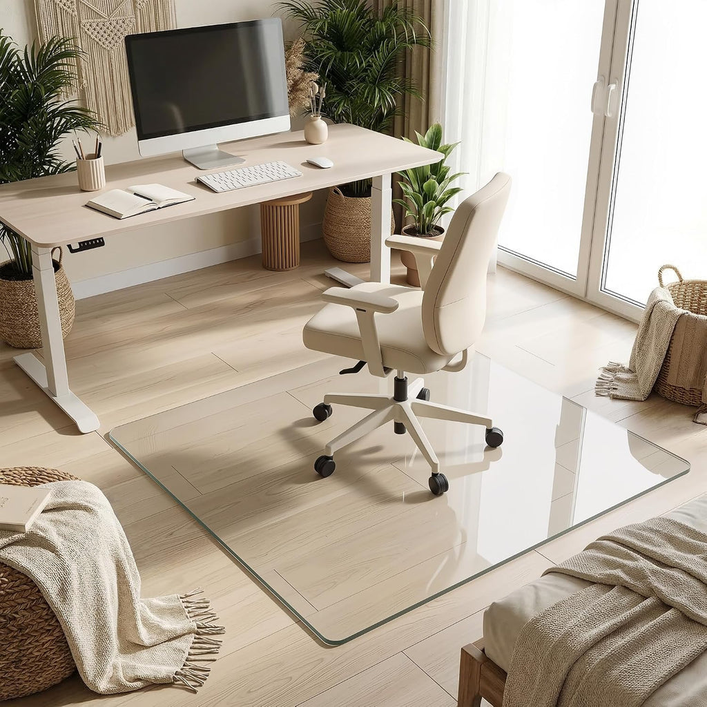 Tempered Glass Chair Mat for Hardwood Floor, 45' x 45' Heavy Duty Glass Office Chair Mat, for Low Pile Carpet, 0.2' Thick with 4 Non-Slip Pads, Smooth Rolling for Home & Office