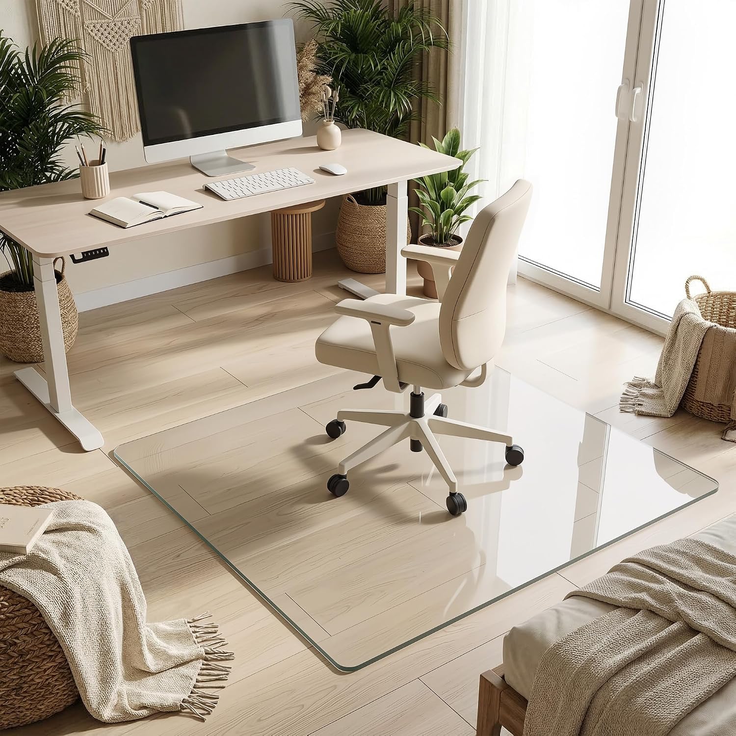 Tempered Glass Chair Mat for Hardwood Floor, 45' x 45' Heavy Duty Glass Office Chair Mat, for Low Pile Carpet, 0.2' Thick with 4 Non-Slip Pads, Smooth Rolling for Home & Office