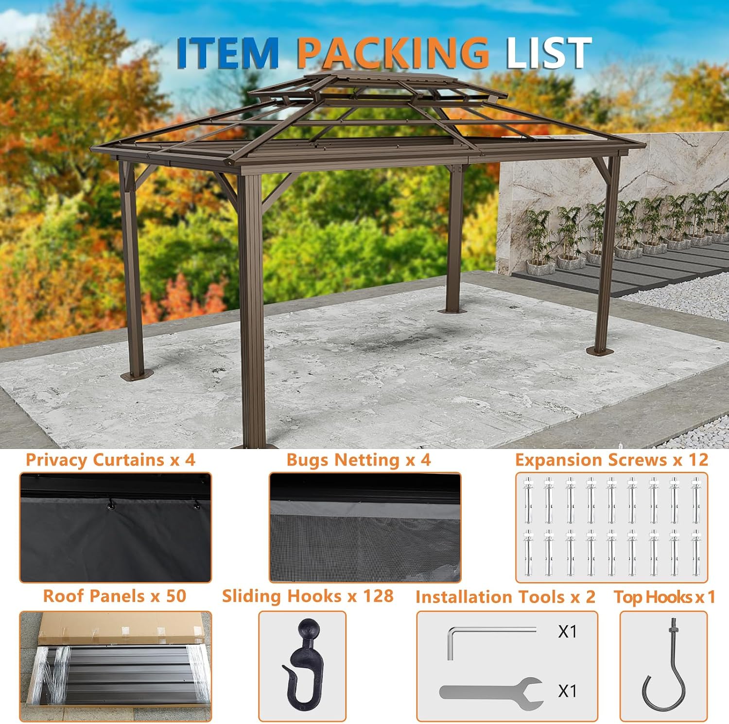 HOTEEL 10x15 Hardtop Gazebo on Clearance with Heavy Duty Galvanized Steel Double Metal roof,Aluminum Frame,Patio Gazebo with Curtains and Netting,Outdoor Permanent Gazebo Pavillon for Backyard,Bronw