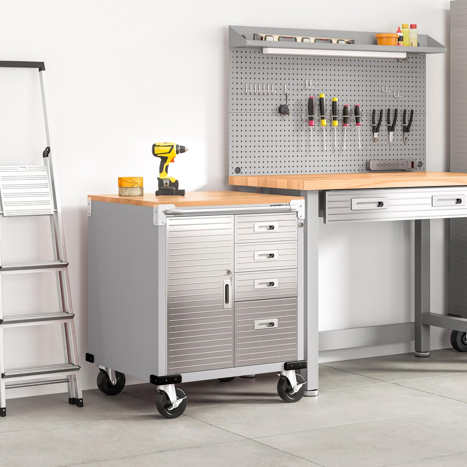 Seville Classics UltraHD Heavy Duty Rolling Cabinet Workbench Table w/Solid Wood Top, Workstation for Garage, Office, Workshop, Granite, 1-Door, 4-Drawer (28' W x 25' D)
