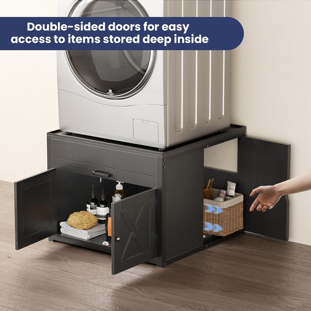 DTK Washer and Dryer Pedestals, Washing Machine Stand with Laundry Basket Shelf, Universal Fit Laundry Pedestals with Hidden Storage and Three Side Doors, 800LBS Capacity
