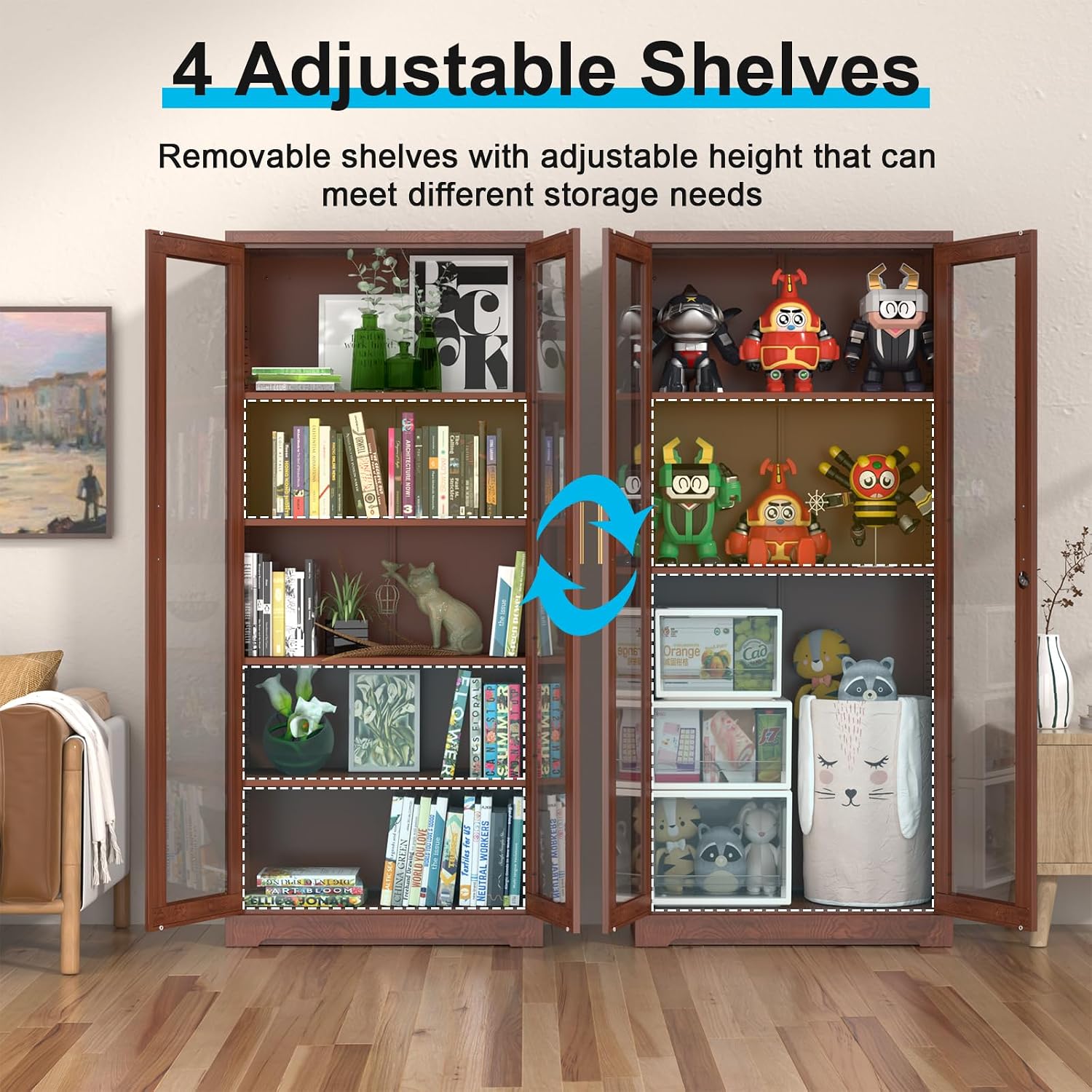 SteeLoong 71' Glass Display Cabinet with Lock,Curio Cabinet with Glass Doors, Metal Display Case with 4 Adjustable Shelves, Brown Bookcase Locking Storage Cabinets for Living Room, Kitchen，Commercial