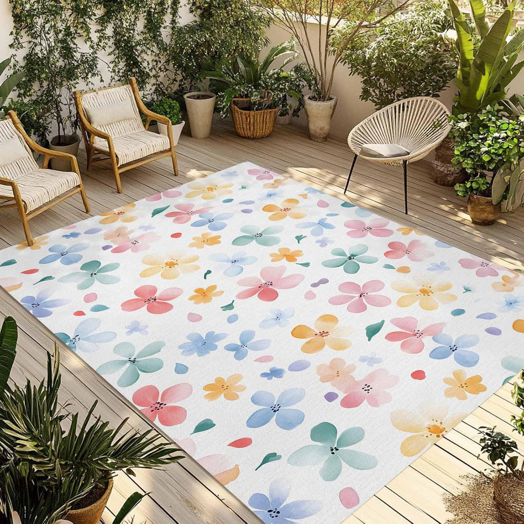 Outdoor Rug 4x6ft Spring Watercolor Pink Blue Flowers Patio Area Rugs Waterproof Easy Cleaning Non Shedding Thick Mats Floral Carpet for Indoor Outdoor Porch Deck Backyard Balcony