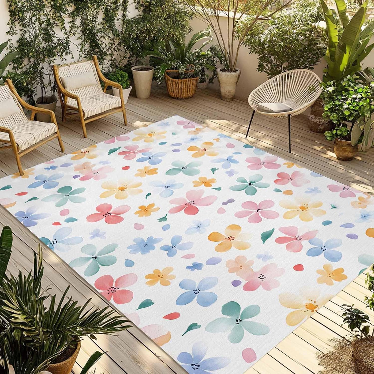 Outdoor Rug 4x6ft Spring Watercolor Pink Blue Flowers Patio Area Rugs Waterproof Easy Cleaning Non Shedding Thick Mats Floral Carpet for Indoor Outdoor Porch Deck Backyard Balcony