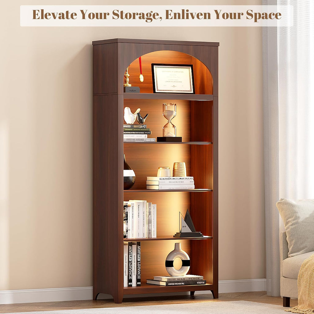 5-Tier LED Arched Bookshelf with Lights - 70'' Tall Bookcase with Storage, Floor Standing Modern Display Shelf for Living Room, Office, Study Room, Entryway, Ideal Gift, Walnut