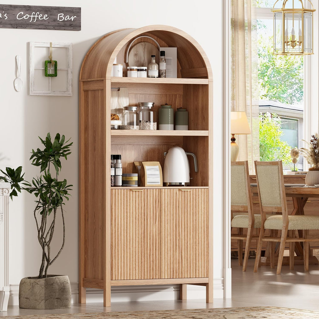 Ieejdn 71' Tall Arched Kitchen Pantry,Modern Fluted Wood Storage Cabinet with Doors,Adjustable Shelves,Organizer, Versatile Cupboard for Kitchen,Living Room,Dining Room,Bathroom,Wood