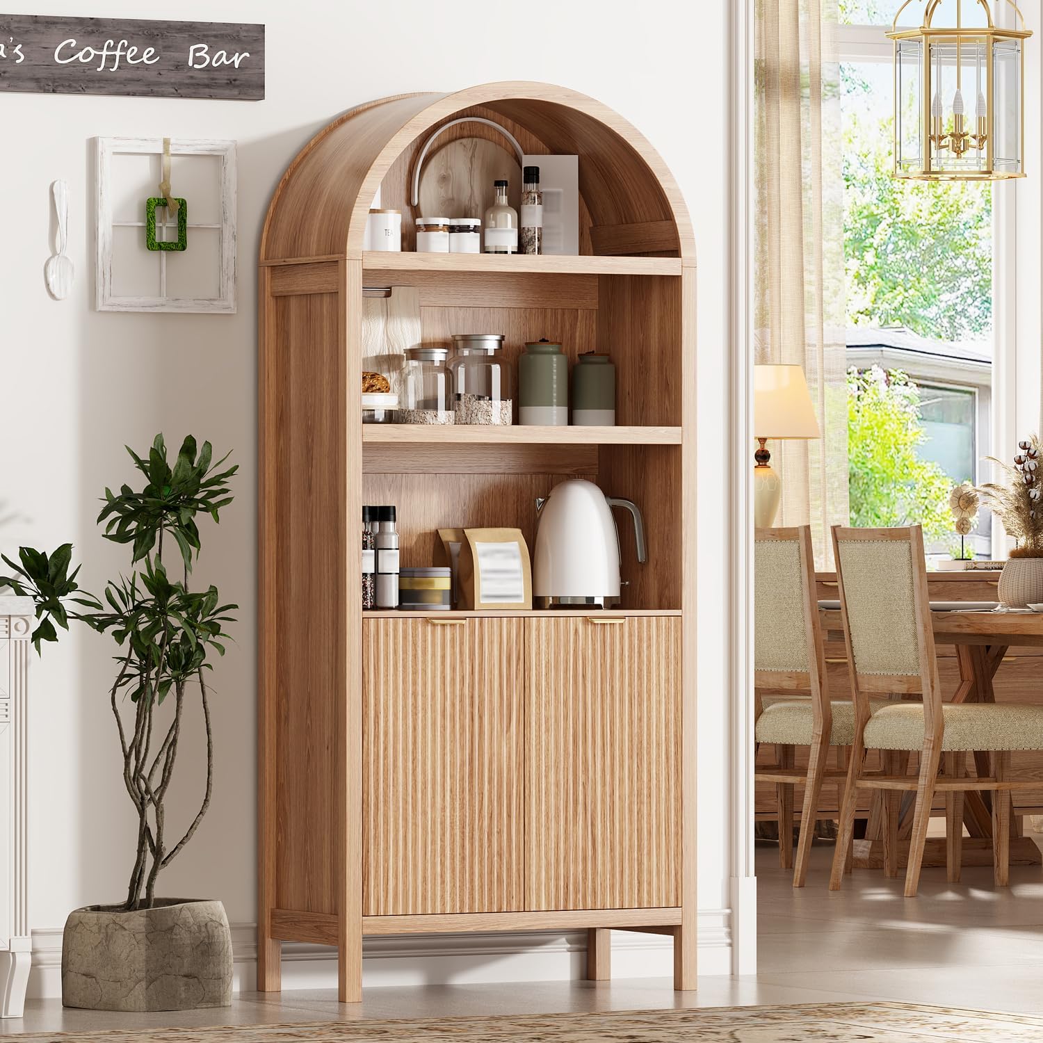 Ieejdn 71' Tall Arched Kitchen Pantry,Modern Fluted Wood Storage Cabinet with Doors,Adjustable Shelves,Organizer, Versatile Cupboard for Kitchen,Living Room,Dining Room,Bathroom,Wood