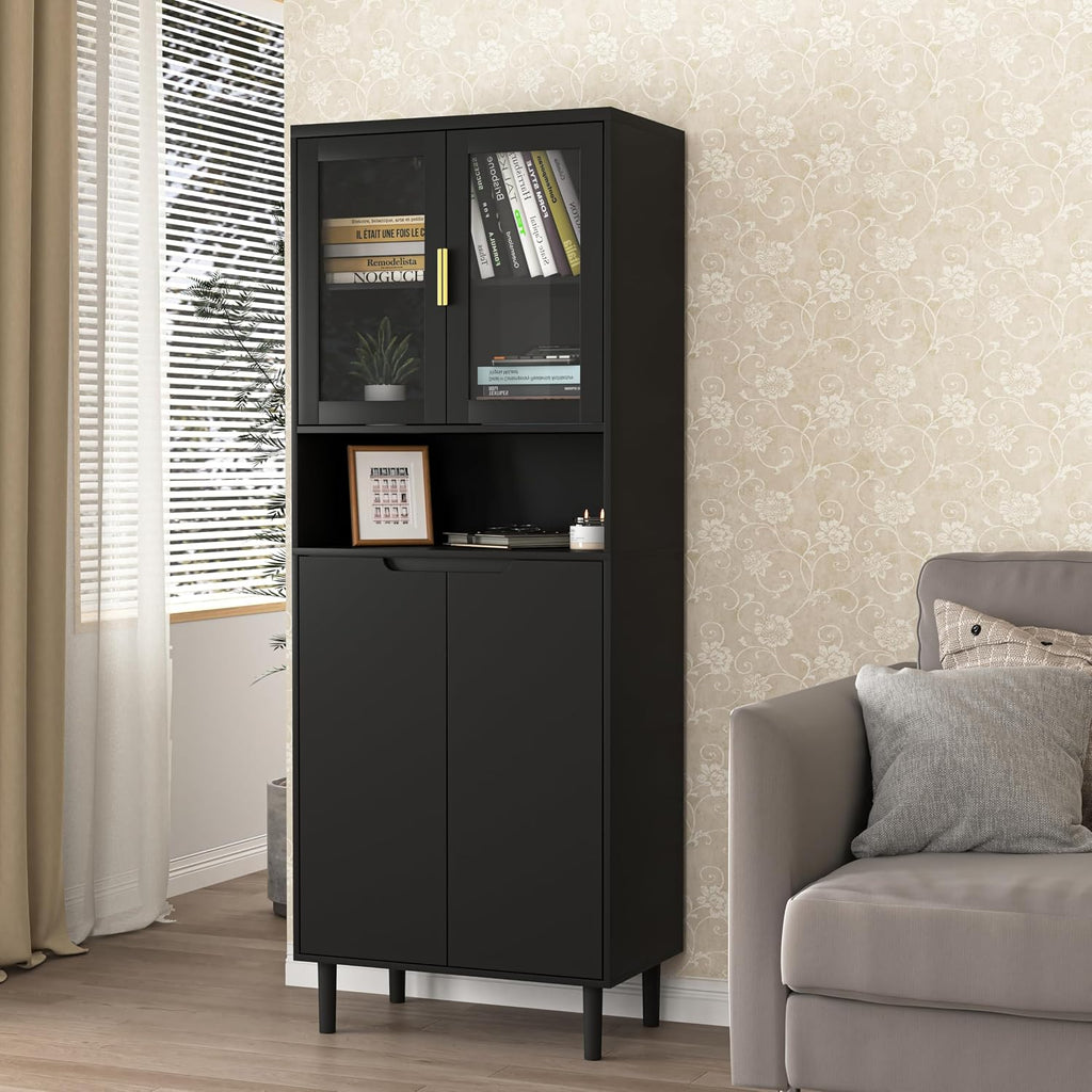 LUMISOL Storage Cabinet with 2 Glass Doors, Solid Wood Accent Cabinet with Gold Handles, Modern Cabinet Freestanding for Study Room Living Room, Save Space, Black