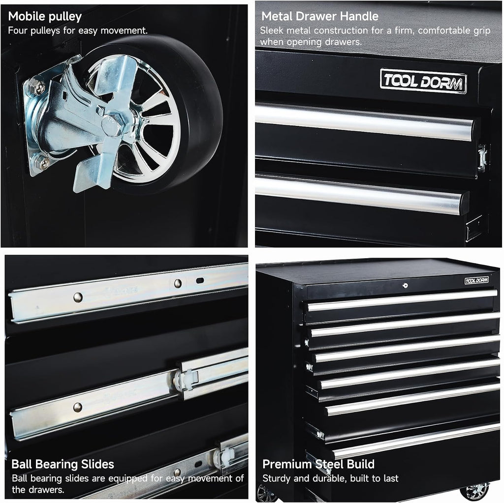 Tool Chest, 6 Drawers Rolling Tool Cabinet, Lockable Wheels, Ball Bearing Sliders, Black Powder Coating, Metal Tool Storage Cart, Suitable for Garage, Warehouse, Workshop