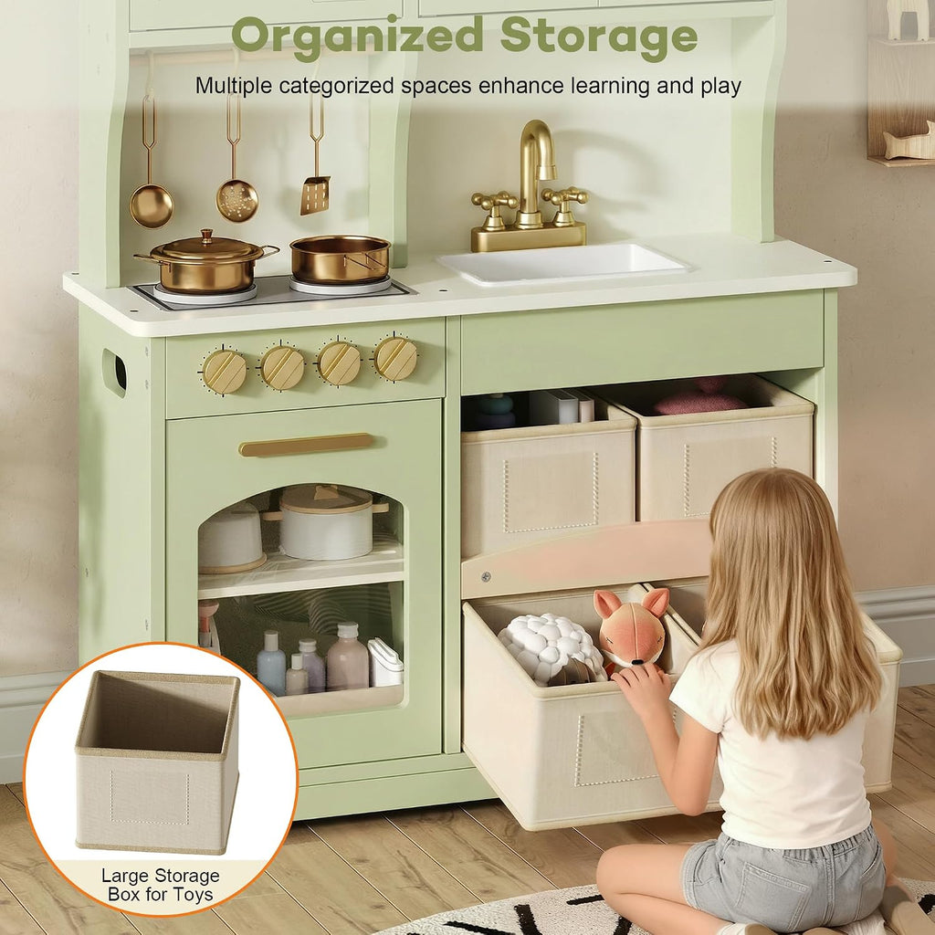 knoworld Play Kitchen for Kids, Wooden Toy Kitchen Set with Smart Storage & Accessories, Toddler Kitchen Playset with Stove & Oven, Pretend Play Set, Gift for Ages 3+, Green