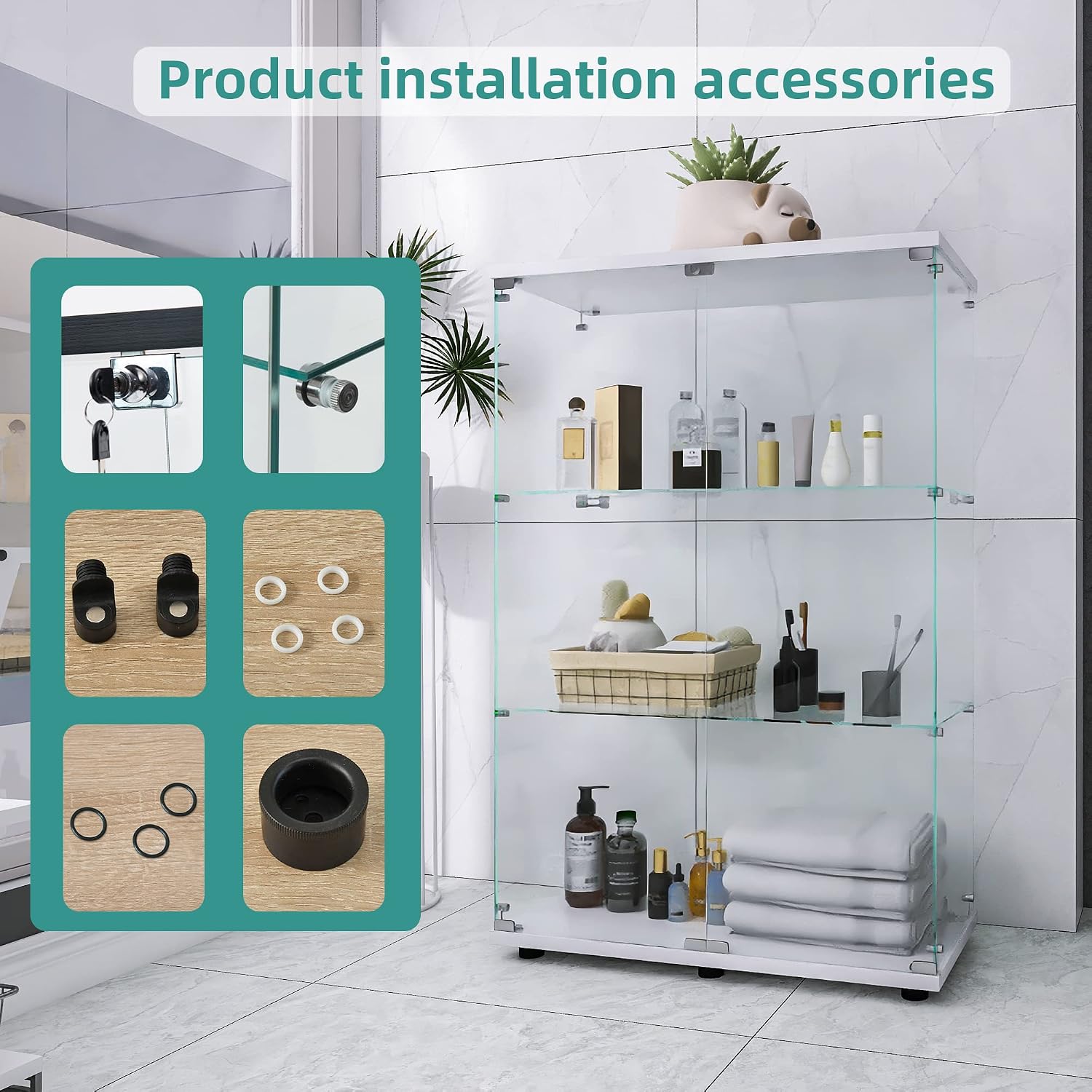LFT HUIMEI2Y Glass Display Cabinet 3-Shelf with Double Door, Curio Cabinets Fast Installation in 30 Mins, Tempered Glass Floor Standing Bookshelf for Bedroom, Living Room 49.1'x 31.7'x 14.4' White