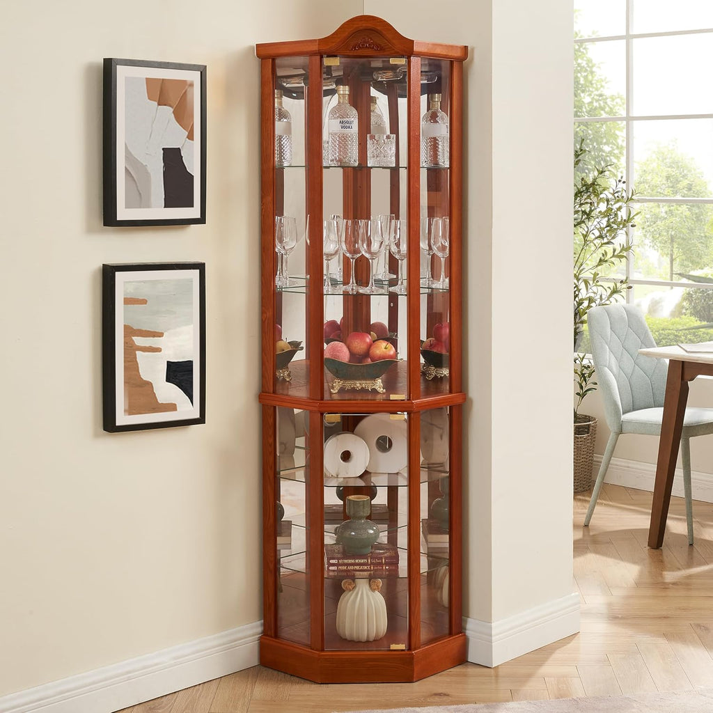 Ball & Cast 72' H Lighted Corner Curio Cabinet with Curved Top Carving,Glass Display Cabinet with 6 Tempered Adjustable Glass Shelves and Doors,Light Bulb Included, Rack for Liquor Storage,Oak