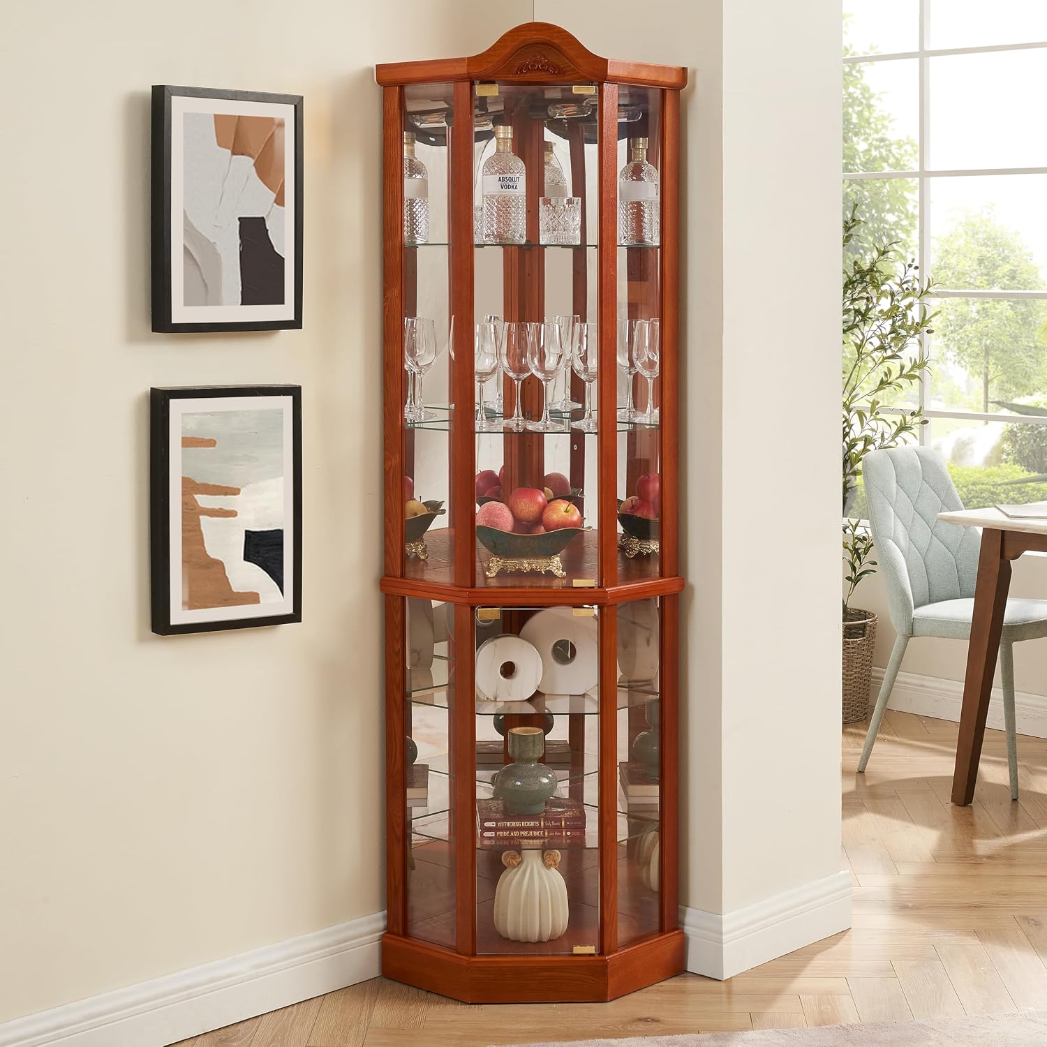 Ball & Cast 72' H Lighted Corner Curio Cabinet with Curved Top Carving,Glass Display Cabinet with 6 Tempered Adjustable Glass Shelves and Doors,Light Bulb Included, Rack for Liquor Storage,Oak
