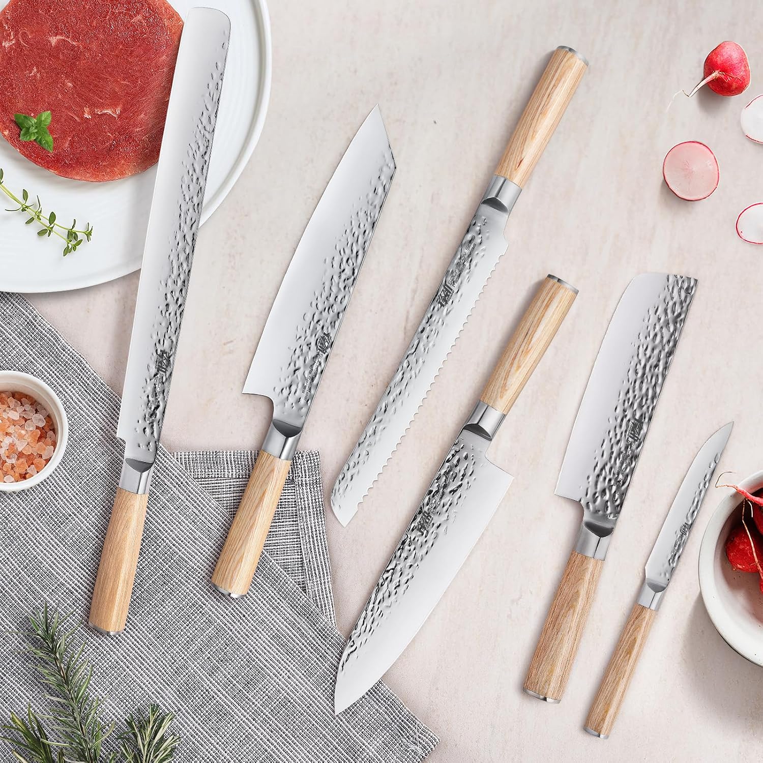 FINDKING 7PCS Kitchen Knife Set, with Wooden Magnetic Knife Holder, Elegant Japanese Chef Knives Set, Sharp Stainless Steel Blade, Pakka Wood Handle, for Daily Cooking (Michelia Series)