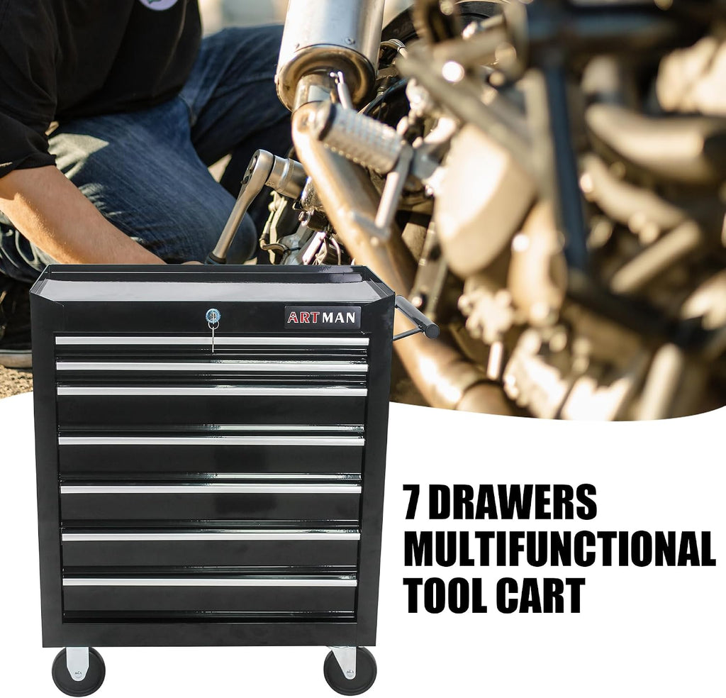 Rolling Tool Cart with 7 Drawers, Lockable Heavy-Duty Steel Cabinet on Wheels, 1000 lb Capacity, Ball-Bearing Slides, Powder-Coated Finish, Black