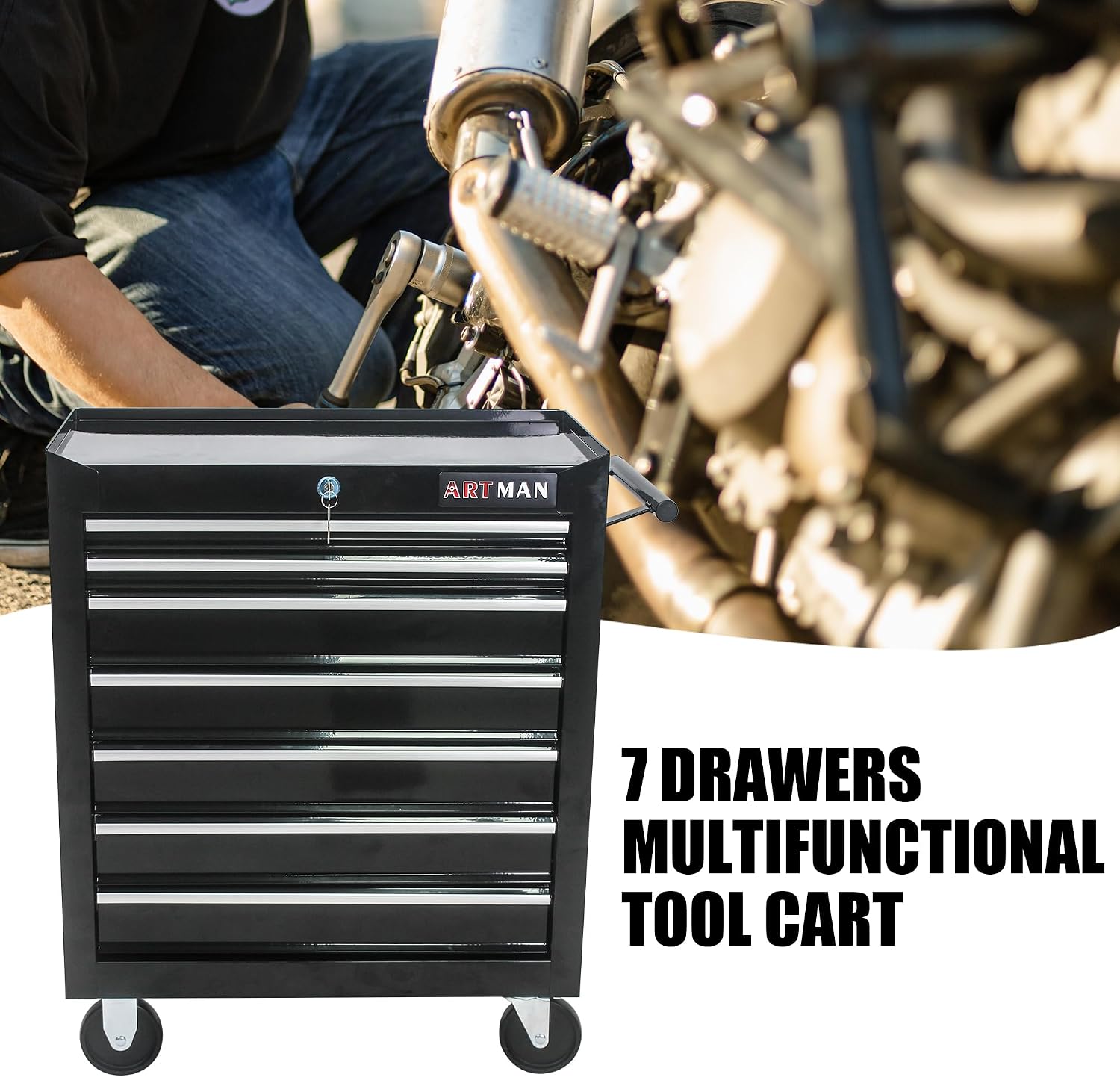 Rolling Tool Cart with 7 Drawers, Lockable Heavy-Duty Steel Cabinet on Wheels, 1000 lb Capacity, Ball-Bearing Slides, Powder-Coated Finish, Black