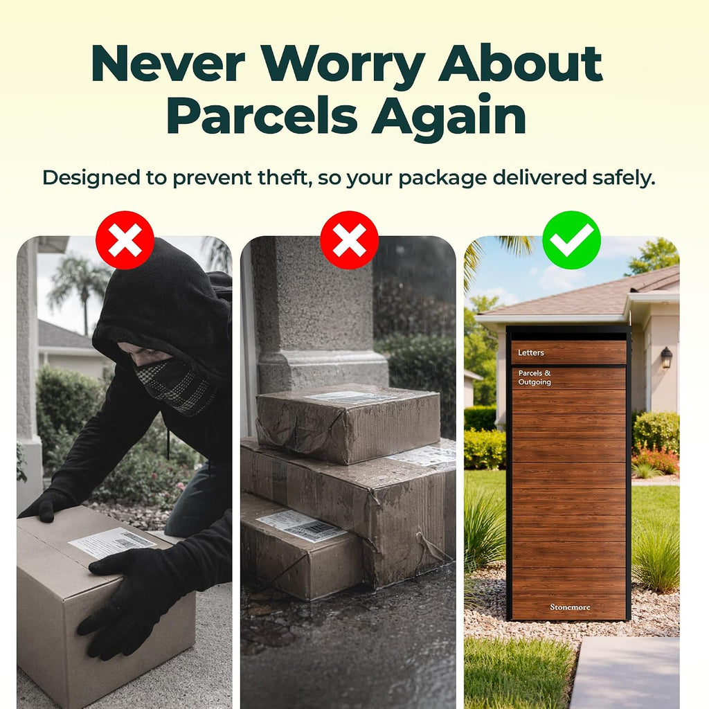 Cali USPS Compatible Mailbox, Snow White/Oak Package Mailbox, Anti-Theft Locking Parcel Drop Box for Porch Or Curbside, Large Mailbox for Packages, Weather-Sealed Powder Coated Steel