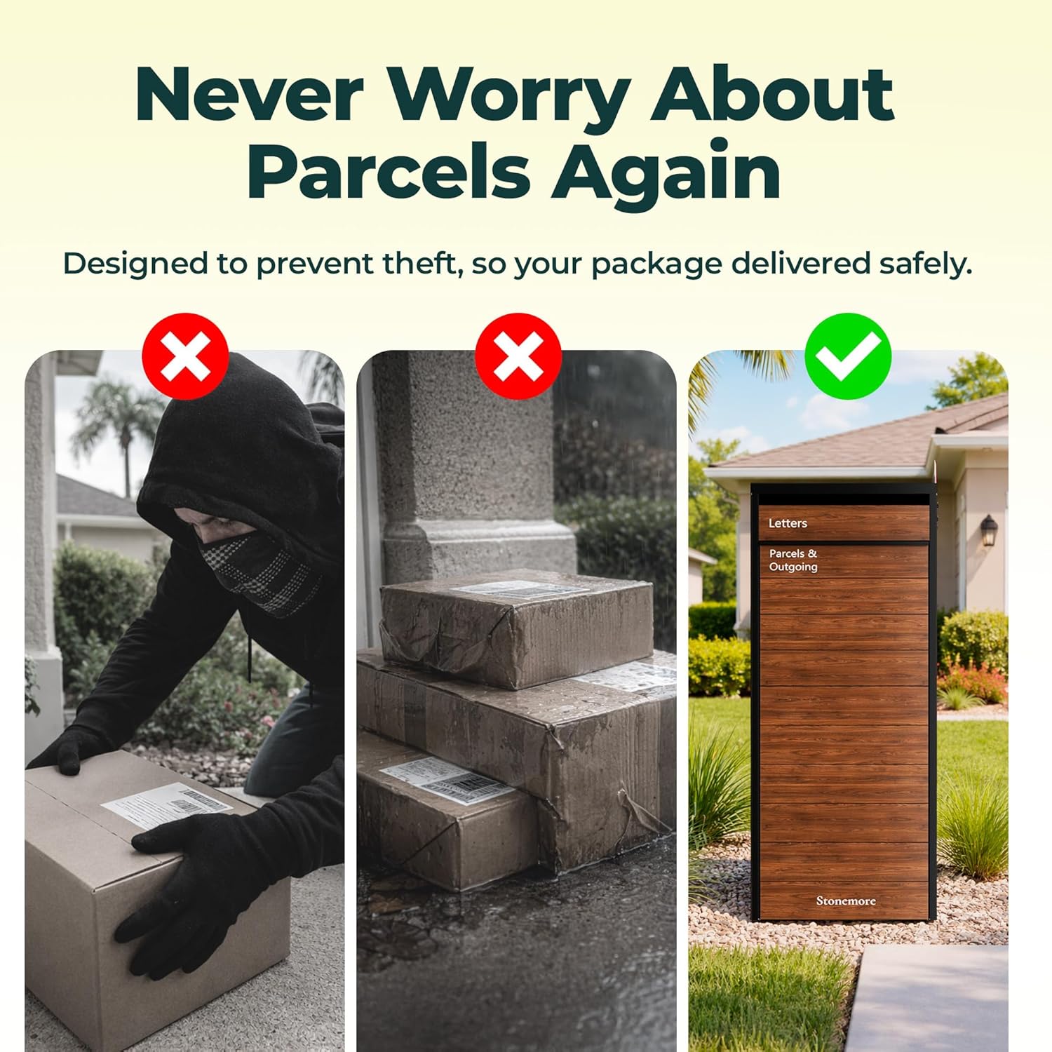 Cali USPS Compatible Mailbox, Classic Black/Oak Package Mailbox, Anti-Theft Locking Parcel Drop Box for Porch Or Curbside, Large Mailbox for Packages, Weather-Sealed Powder Coated Steel