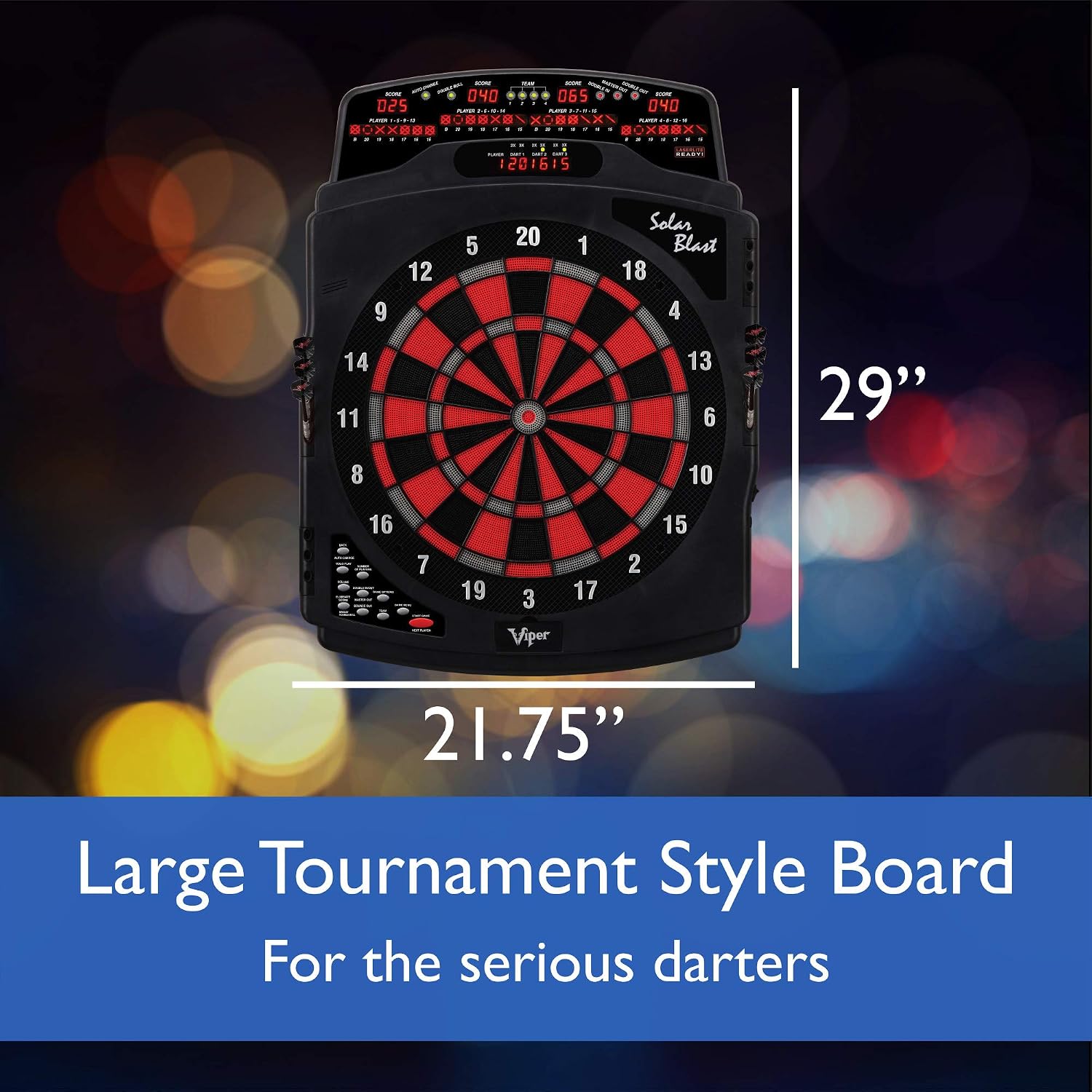Viper Solar Blast Electronic Dartboard, 15.5 in Regulation Target, 43 Games, 16 Players, LED Scoreboard, 6 Darts Included, Black