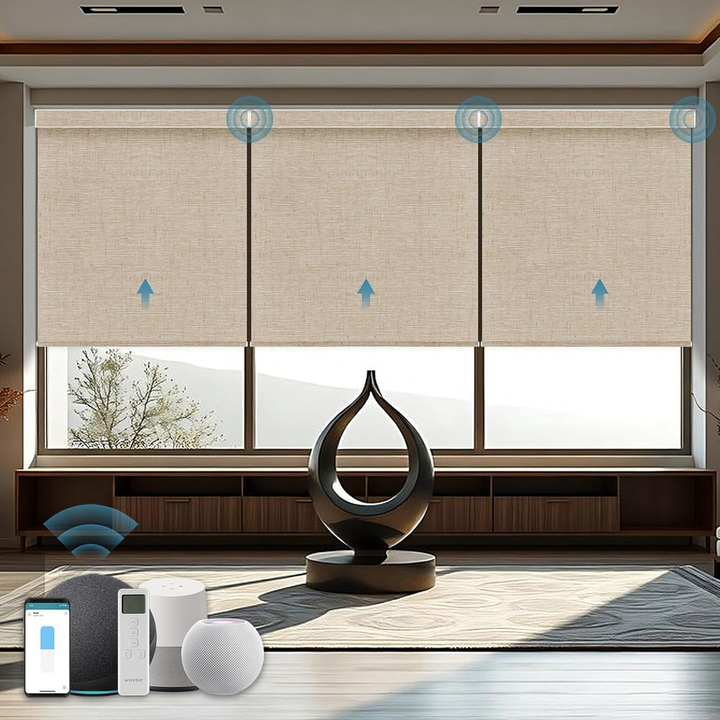 Motorized Shades with Remote,100% Blackout Smart Shades Work with Homekit, Alexa, Google Home, Remote Control, Electric Blinds with USB/Solar Pannel Charging, Linen Caramel