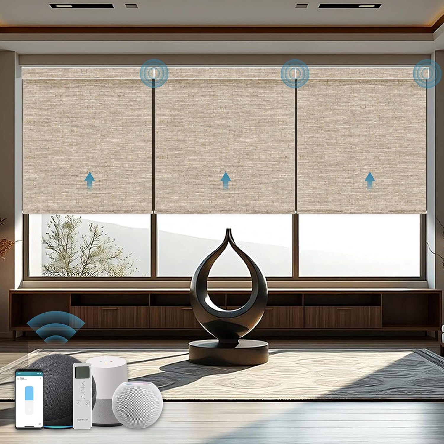 Motorized Shades with Remote,100% Blackout Smart Shades Work with Homekit, Alexa, Google Home, Remote Control, Electric Blinds with USB/Solar Pannel Charging, Linen Caramel