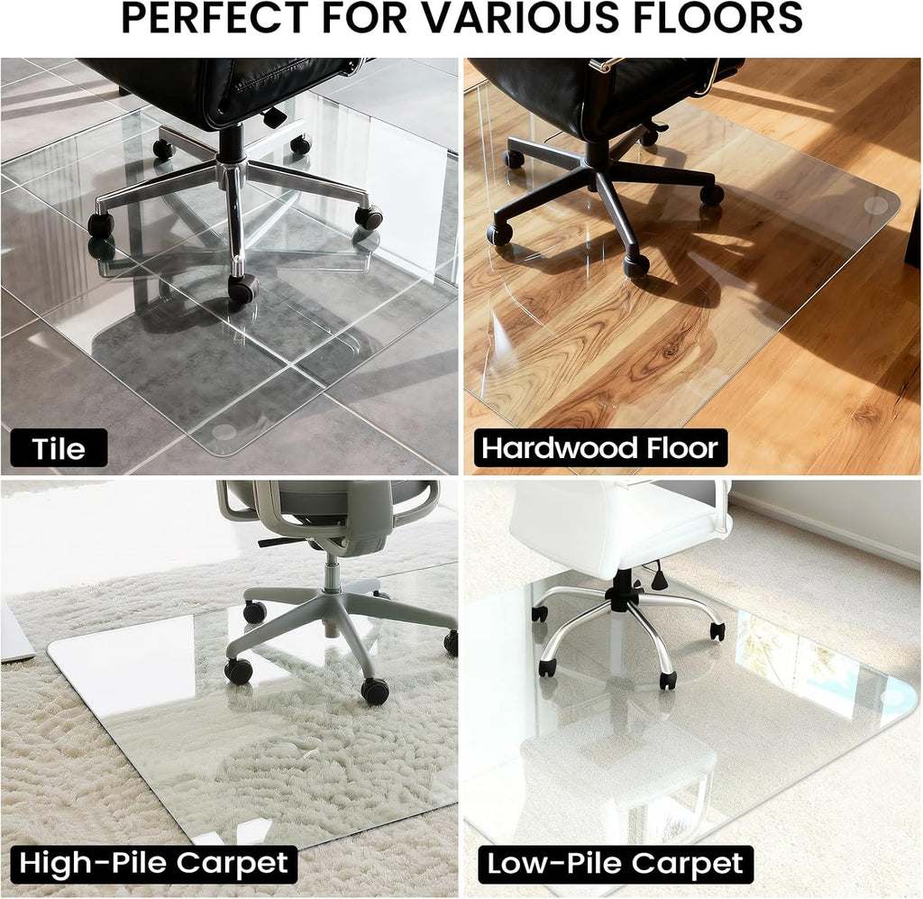 Tempered Glass Chair Mat, 55' x 46' Glass Office Chair Mat, 1/5' Thick Clear Floor Mat with Anti-Slip Pads, Heavy Duty Glass Mat for Carpeted and Hard Floor