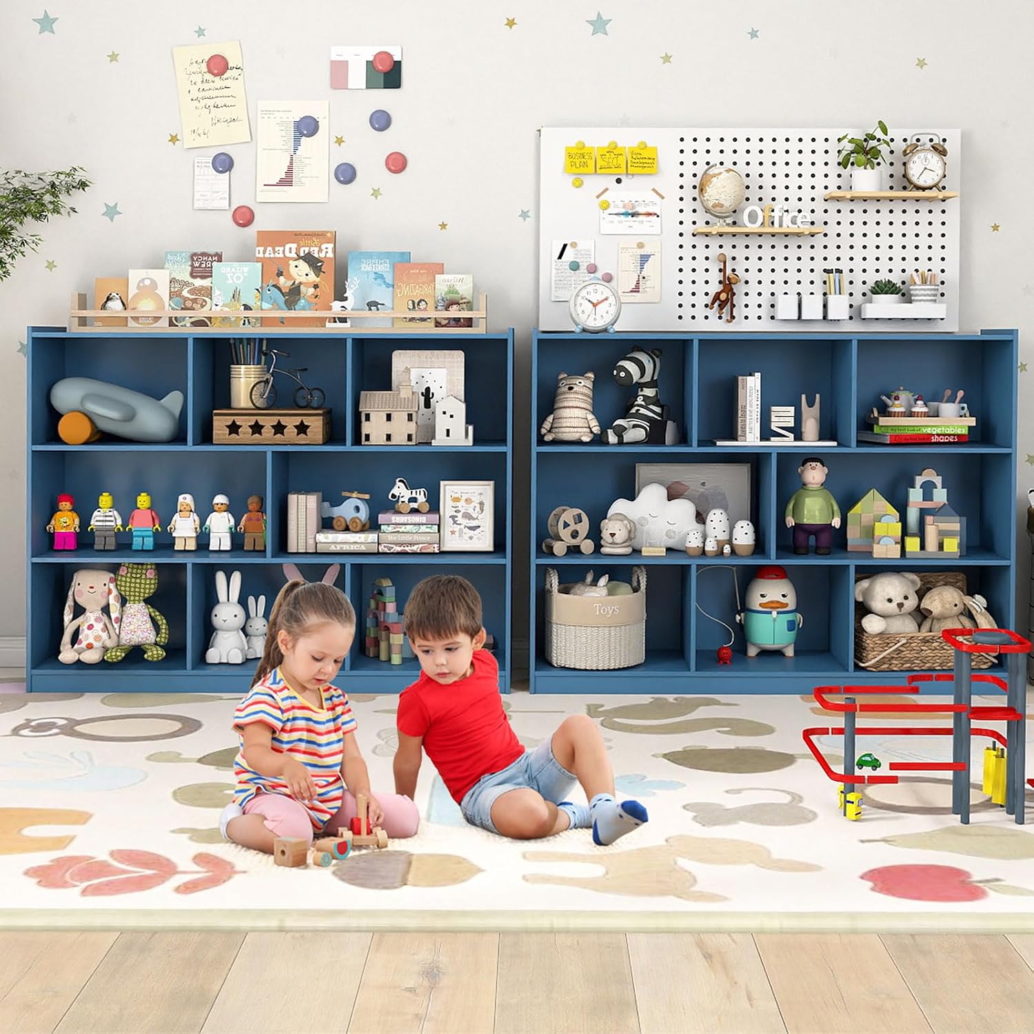HONEY JOY Kids Toy Storage Organizer, 8-Section Storage Daycare Shelf for Preschool, Children 3-Tier Open Wooden Display Book Shelf Organizer for Classroom, Playroom & Nursery, Kindergarten (Blue)