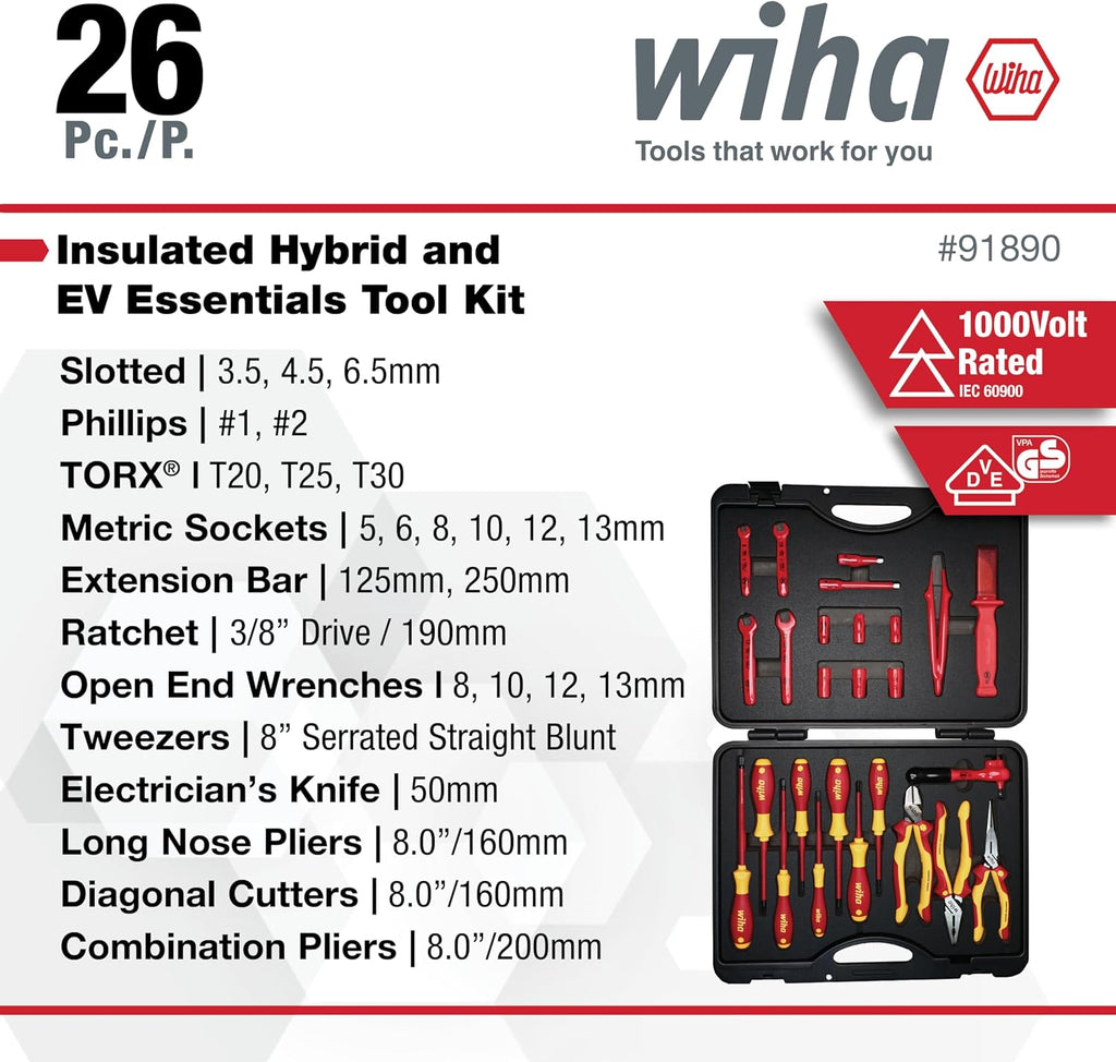 Wiha 91890 26-Piece Insulated EV & Hybrid Tool Set, 1000V VDE Rated, Sockets, Ratchets, Pliers, Screwdrivers