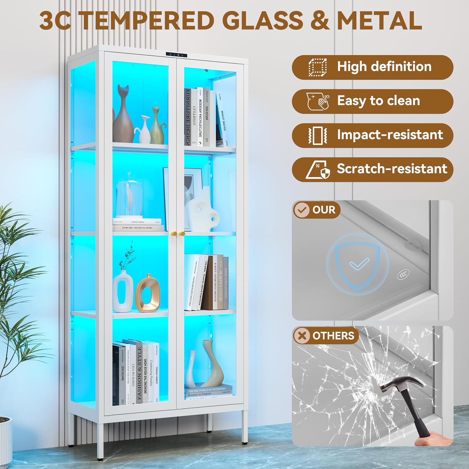 Polup Glass Display Cabinet with Glass Doors, Metal Curio Cabinet with 8-Color LED Lights, 66 Inch Tall Display Case for Collectibles, White Glass Cabinet for Living Room, Assembly Required