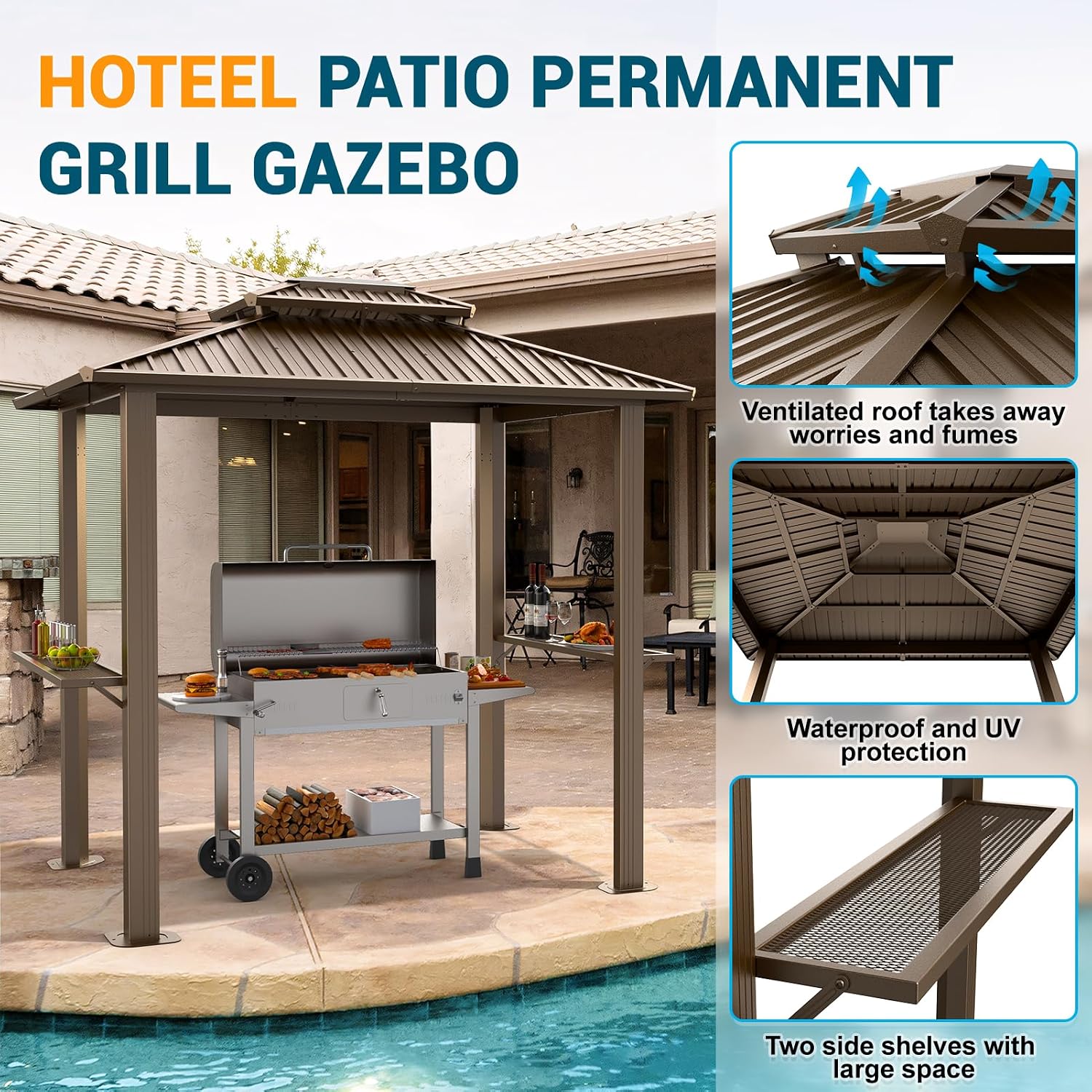 Hoteel 6x8 Hardtop Grill Gazebo,Brown