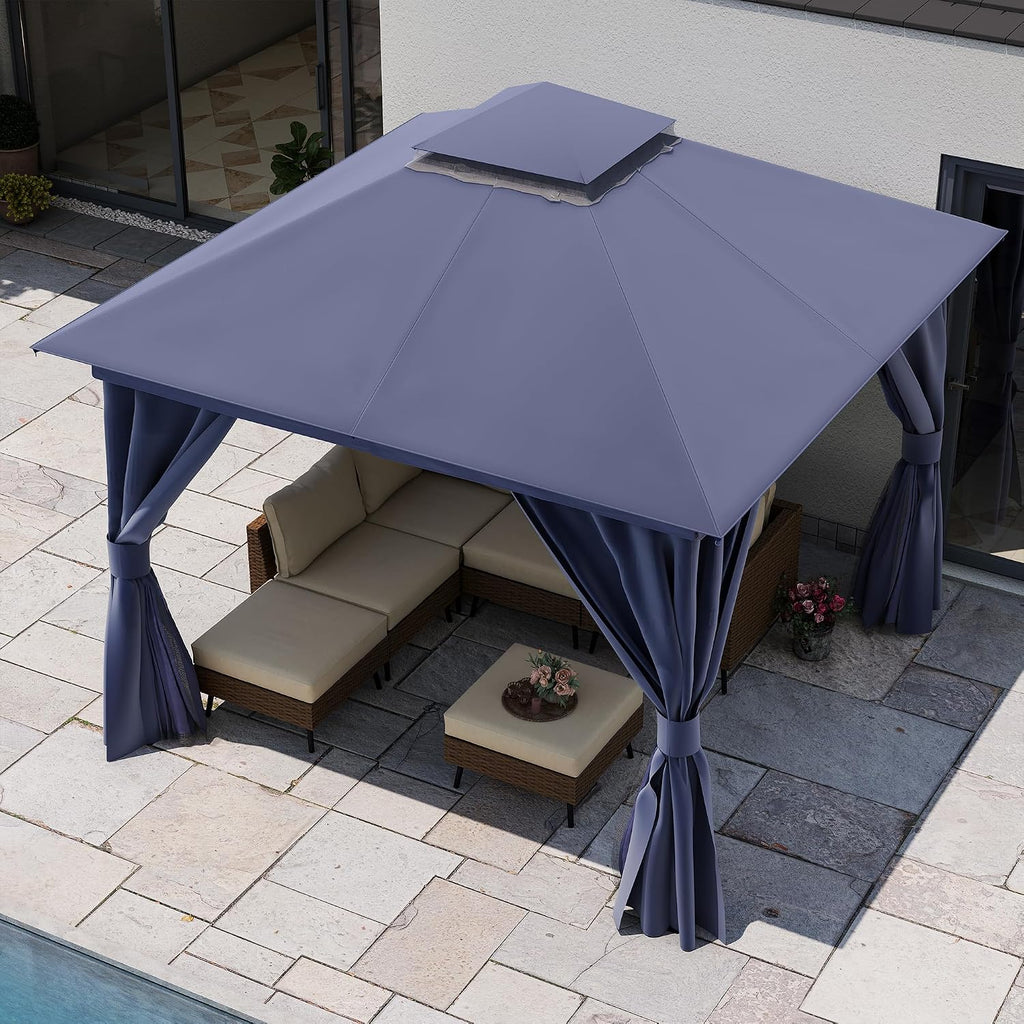 LAUSAINT HOME Patio Gazebo 10'x10', Outdoor Heavy Duty Party Tent Shelter with Double Roofs, Mosquito Nettings and Privacy Screens for Backyard, Garden, Lawn, Navy Blue