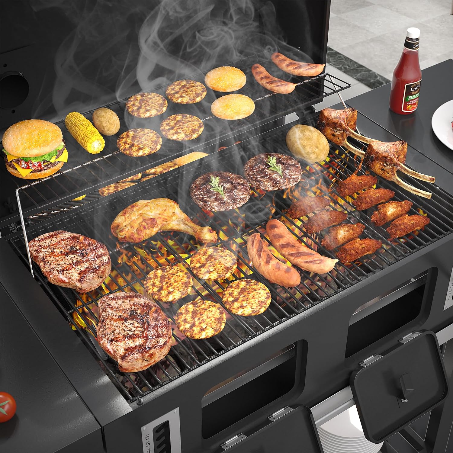 VICLLAX Extra-Large Premium Charcoal Grill - Smoker Grill with 600 sq in Cooking Space, Dual Adjustable Trays & Foldable Side Tables, Enamel-Coated Grills for Professional BBQ Experience