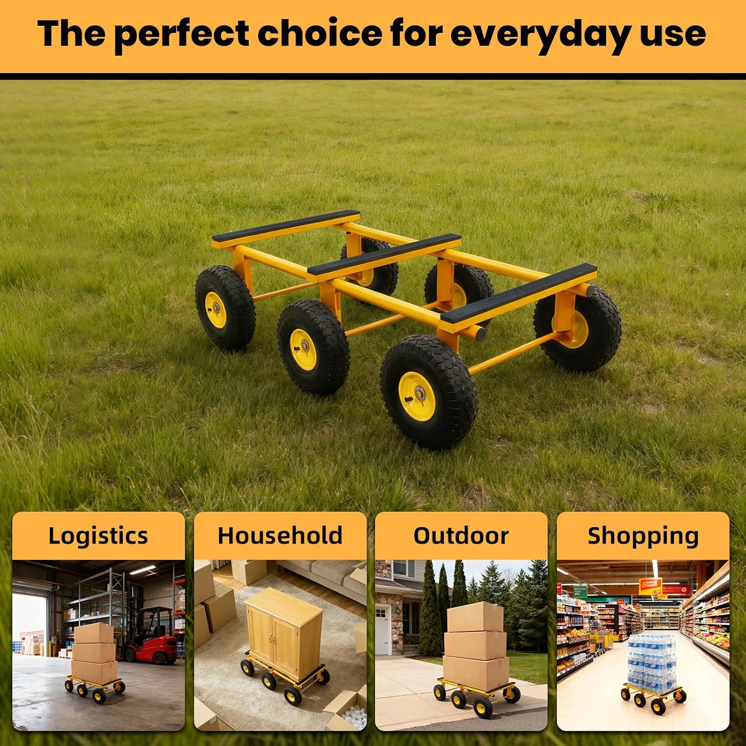 6 Wheel All Terrain Dolly, Heavy Duty Furniture Dolly 1300 Lbs Capacity, 10' Inflatable Tires Big Wheel Dolly, All Terrain Mover for Homes, Logistics, Warehouses, Shopping - 35.5' x 18' - Yellow
