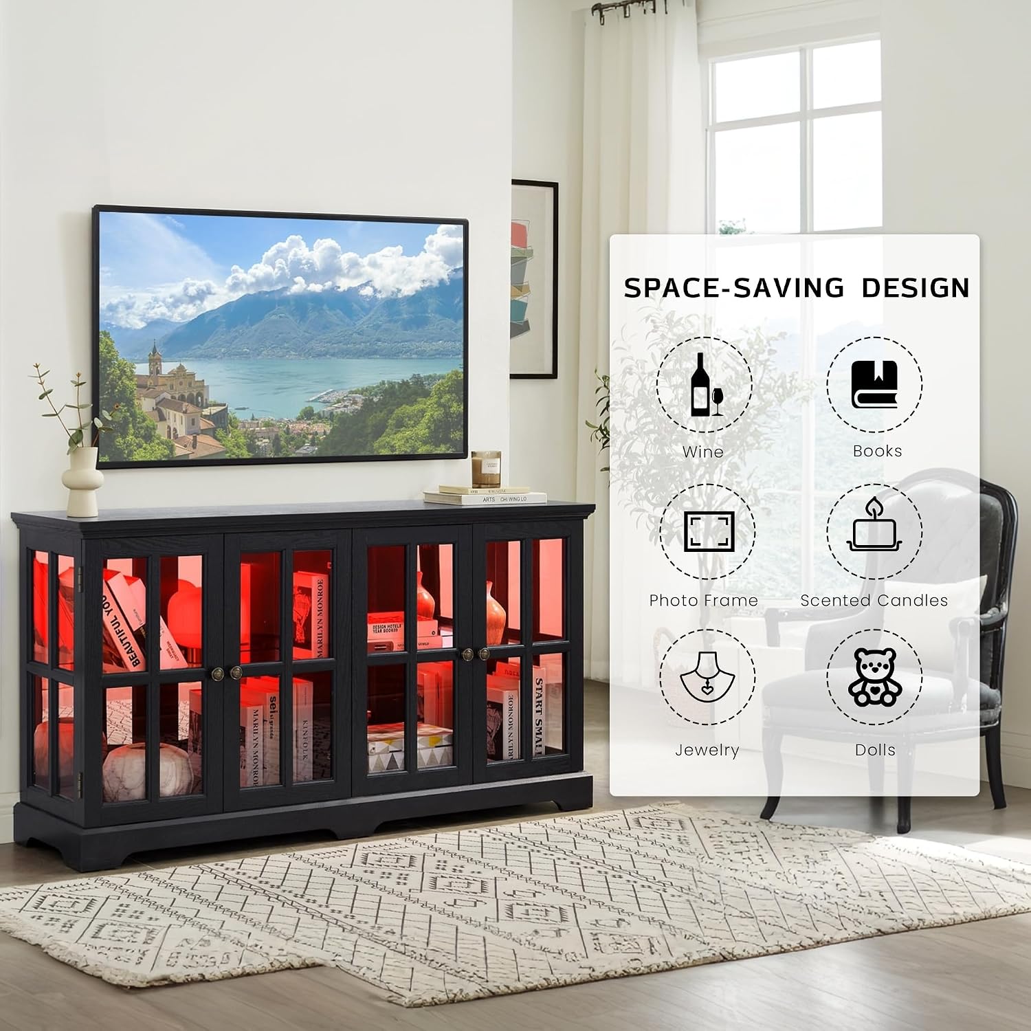 59' W LED Curio Cabinet with 7 Color Lights, Vintage Glass Display Case with Glass Doors, Smartphone-Controlled, Short Wooden China Cabinet with Adjustable Shelves for Living Room, Entryway (Black)